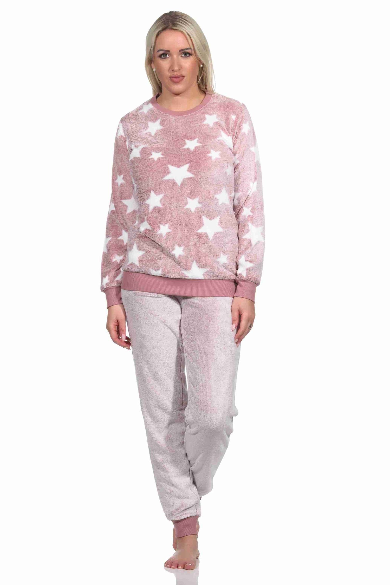 Normann Pyjama Damen mit rosa langarm in Bündchen Sterneoptik Schlafanzug