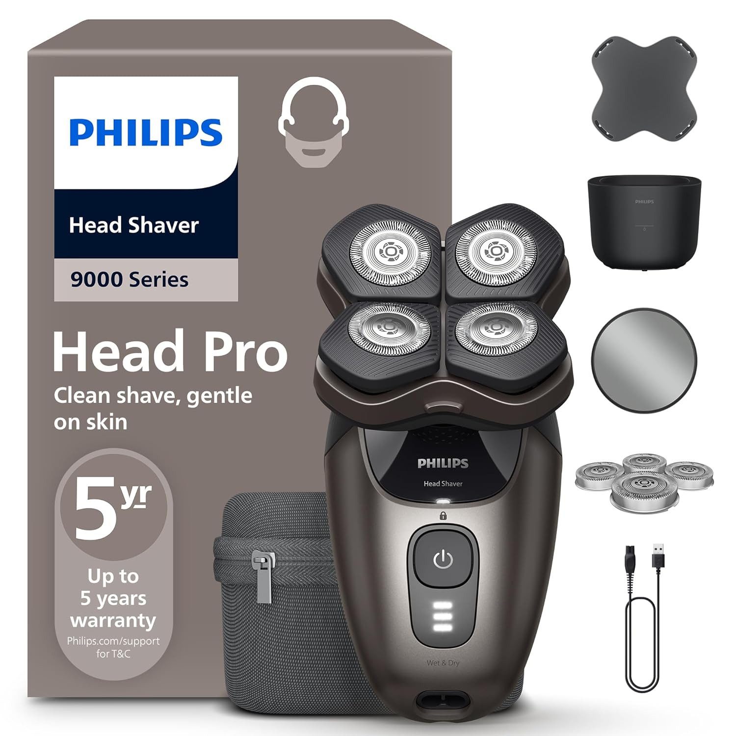 Philips Elektrorasierer PHILIPS Head Shaver Pro Series 9000 Glatzenrasierer, 360grad-Scherkopf, ComfortCut-Klingen für eine gründliche Rasur, sanft zur Haut, Modell HS9980/15