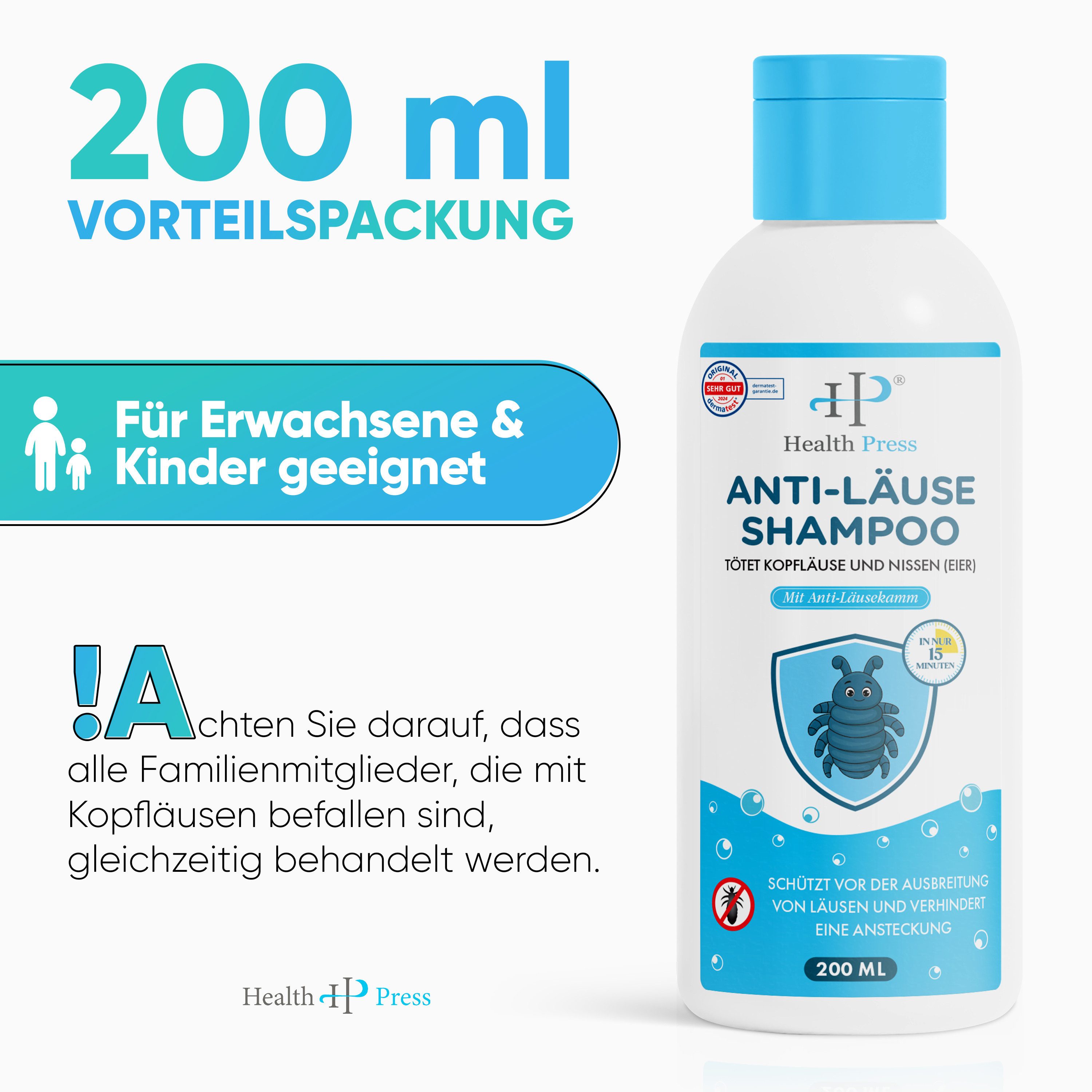 Health Press Haarshampoo Anti-Läuse Shampoo – Vorteilspackung – Läuse Shampoo inkl. Läusekamm