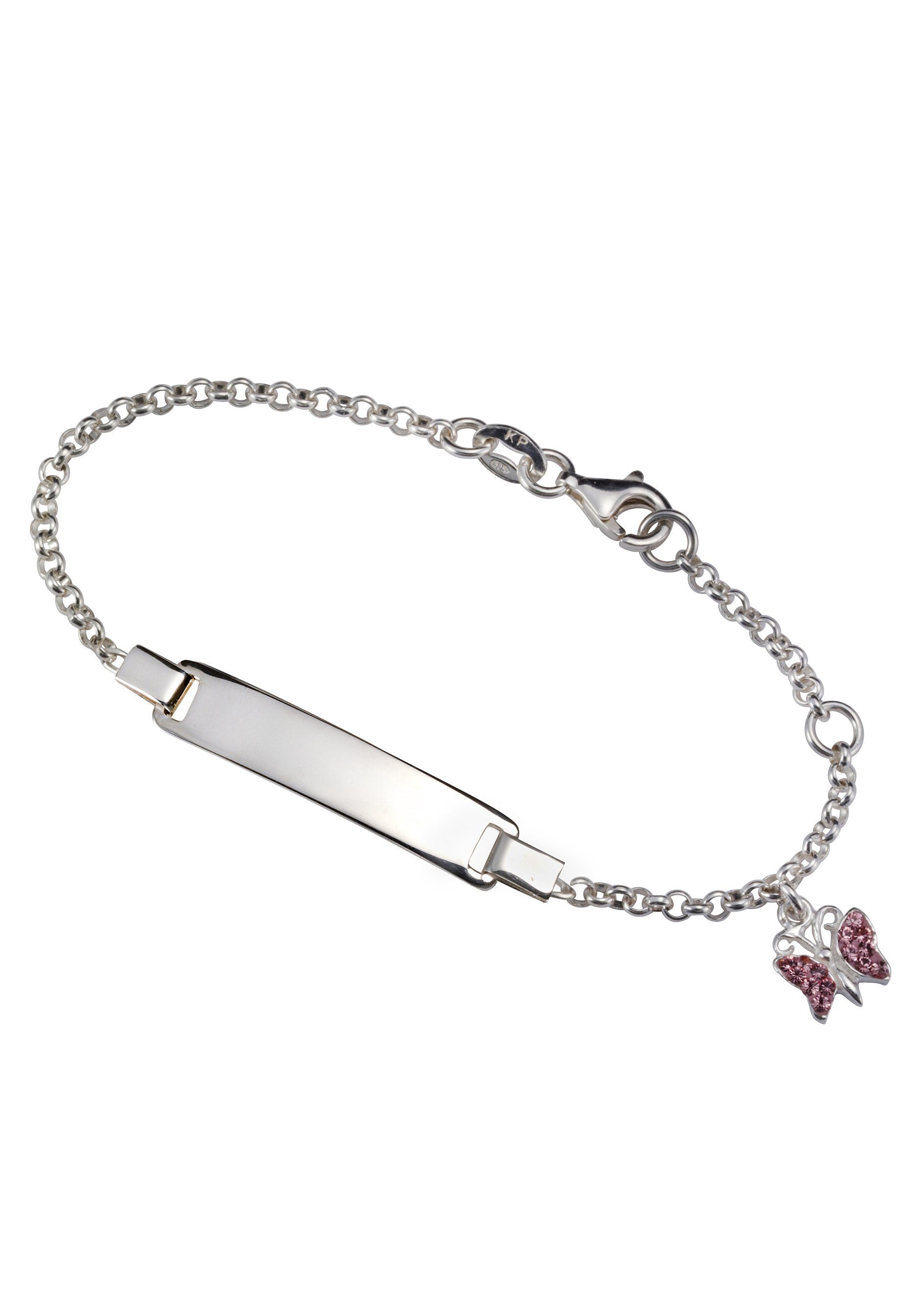 Firetti Armband mit Gravur Schmuck Geschenk Silber 925 Armkette ID-Platte Schmetterling Glitzer, GRAVURwunsch per Mail senden, Anlass Geburtstag Weihnachten | Silberarmbänder