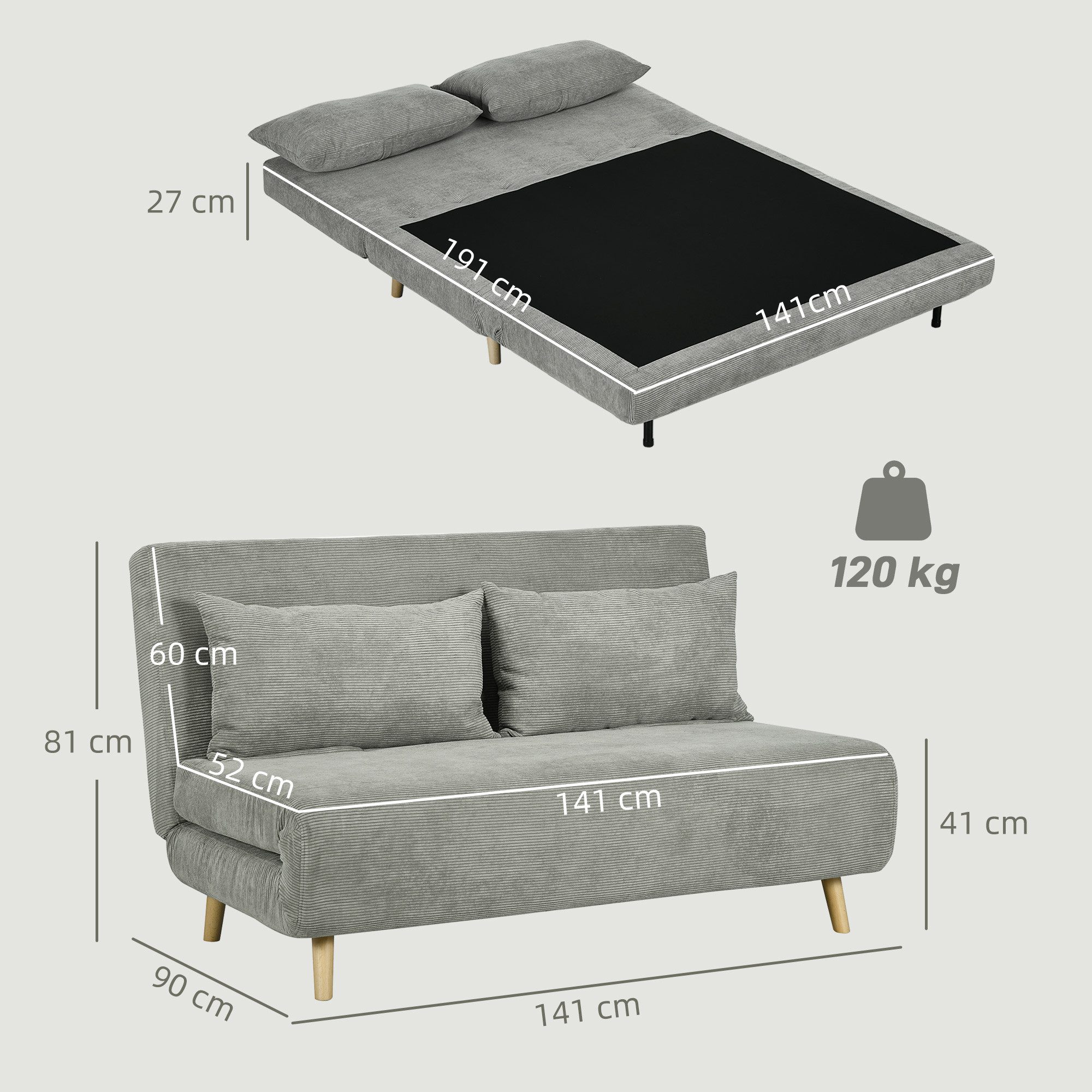 HOMCOM Schlafsofa Doppelschlafsofa mit 3-fach verstellbarer Rückenlehne und 2 Kissen, Polstersofa 1 Teile, für Wohnzimmer, Schlafzimmer, Hellgrau