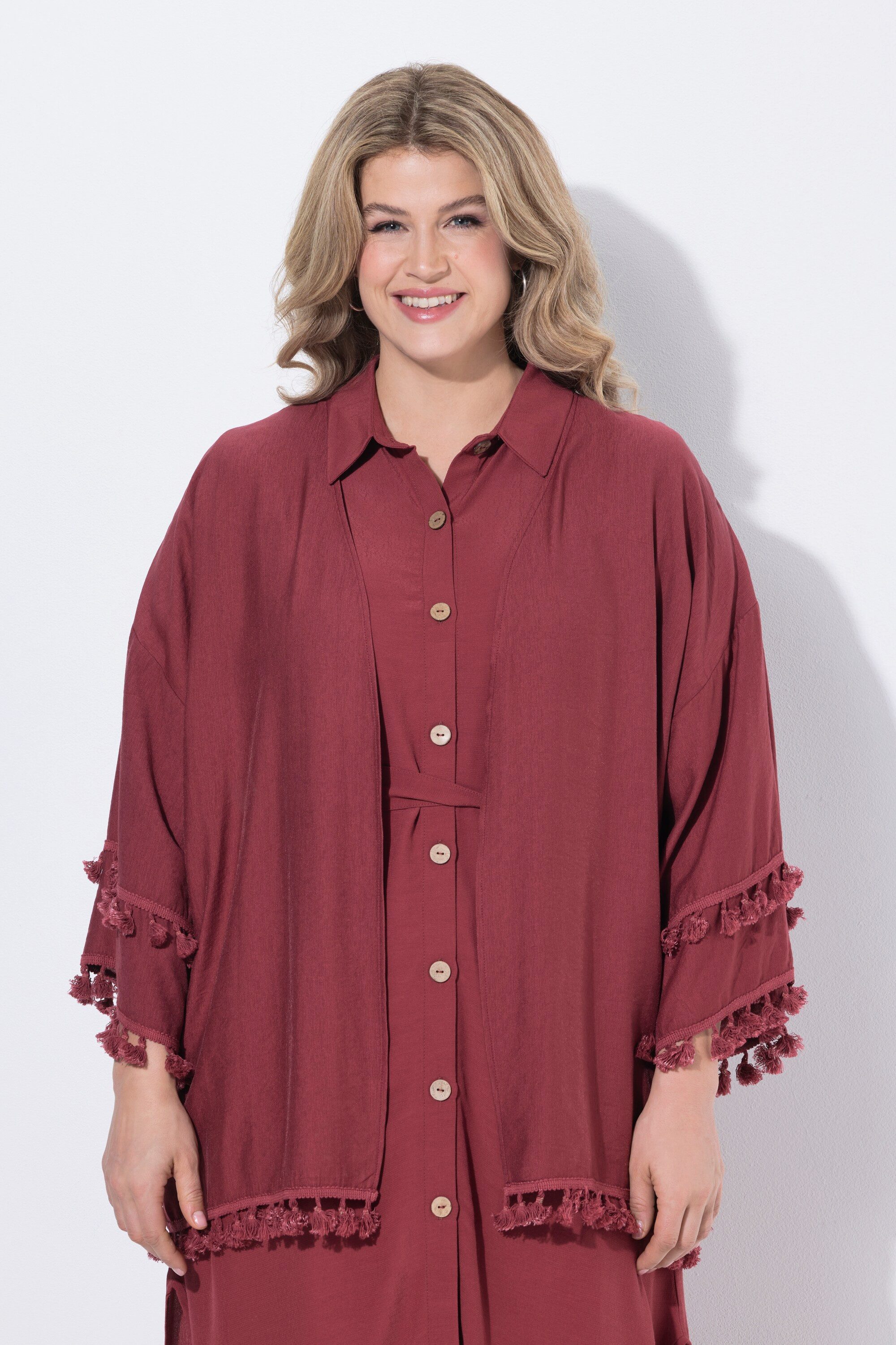 Ulla Popken Kurzjacke Kimonojacke Quasten-Borte offene Form 3/4-Arm