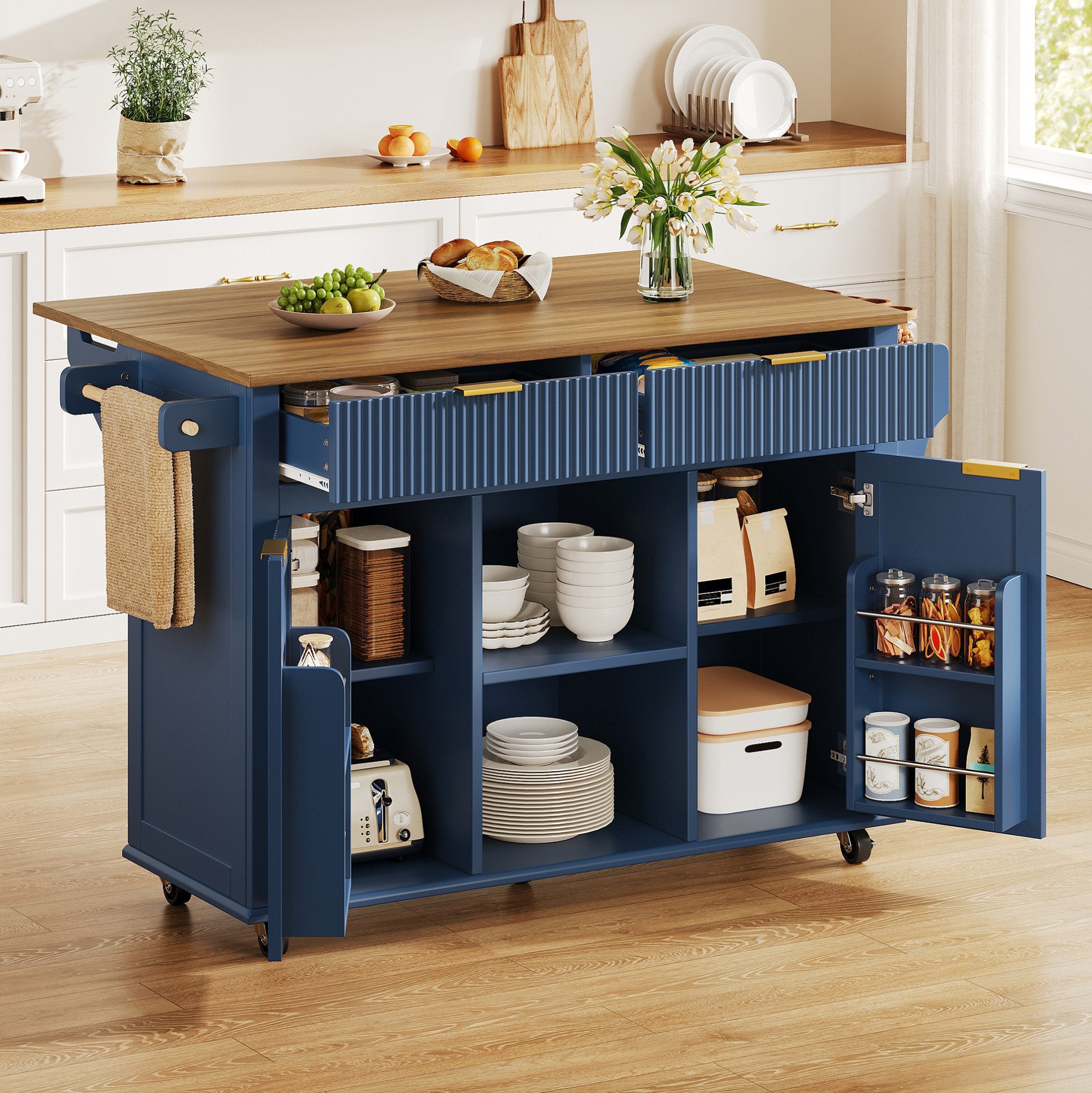 OKWISH Kücheninsel Rollbarer Küchenschrank mit 2 Schubladen und 2 Türen Stauraum, (Küchenmöbel mit Gewürzregalen und Handtuchhaltern Design), 120×45 cm Küchenwagen Cloisonné-Blau mit klappbarer Arbeitsplatte