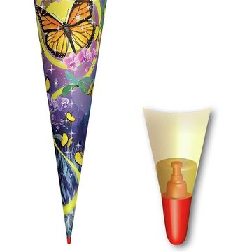 Roth Schultüte Schmetterling mit Glitter, 70 cm, rund, mit gelbem Filzverschluss, Rot(h)-Spitze