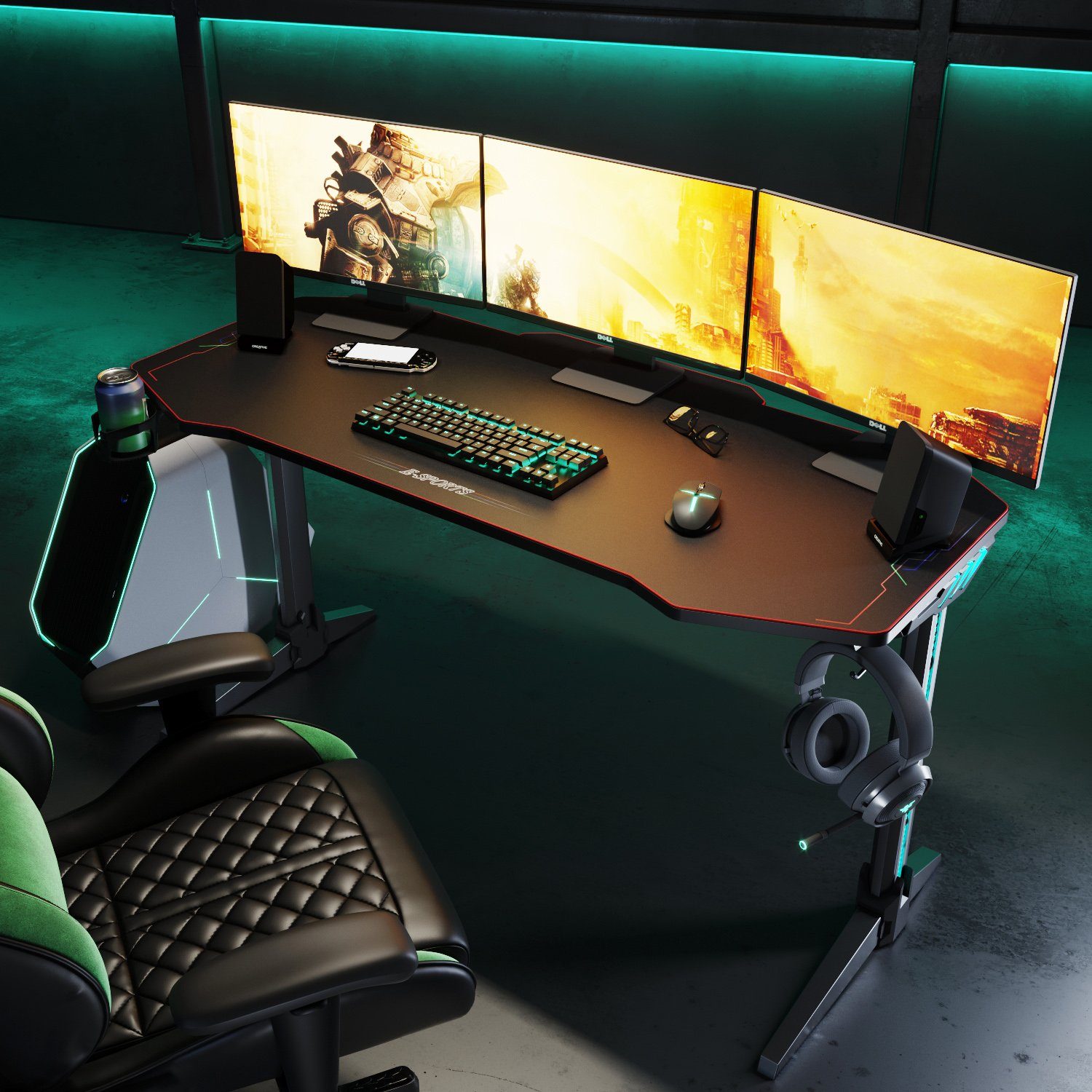 SONNI Gamingtisch Gamingtisch schwarz mit LED RGB Beleuchtung Breite 140cm, mit Mauspad,Becherhalter und Kopfhörerhaken, ergonomische,140x60x75cm