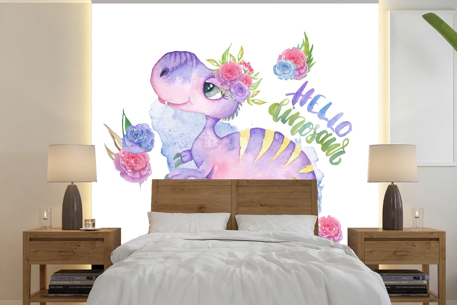 MuchoWow Fototapete Dinosaurier - Kinderzimmer - Zitat - Mädchen - Kinder - Rosa, Matt, bedruckt, (5 St), Vinyl Tapete für Wohnzimmer oder Schlafzimmer, Wandtapete