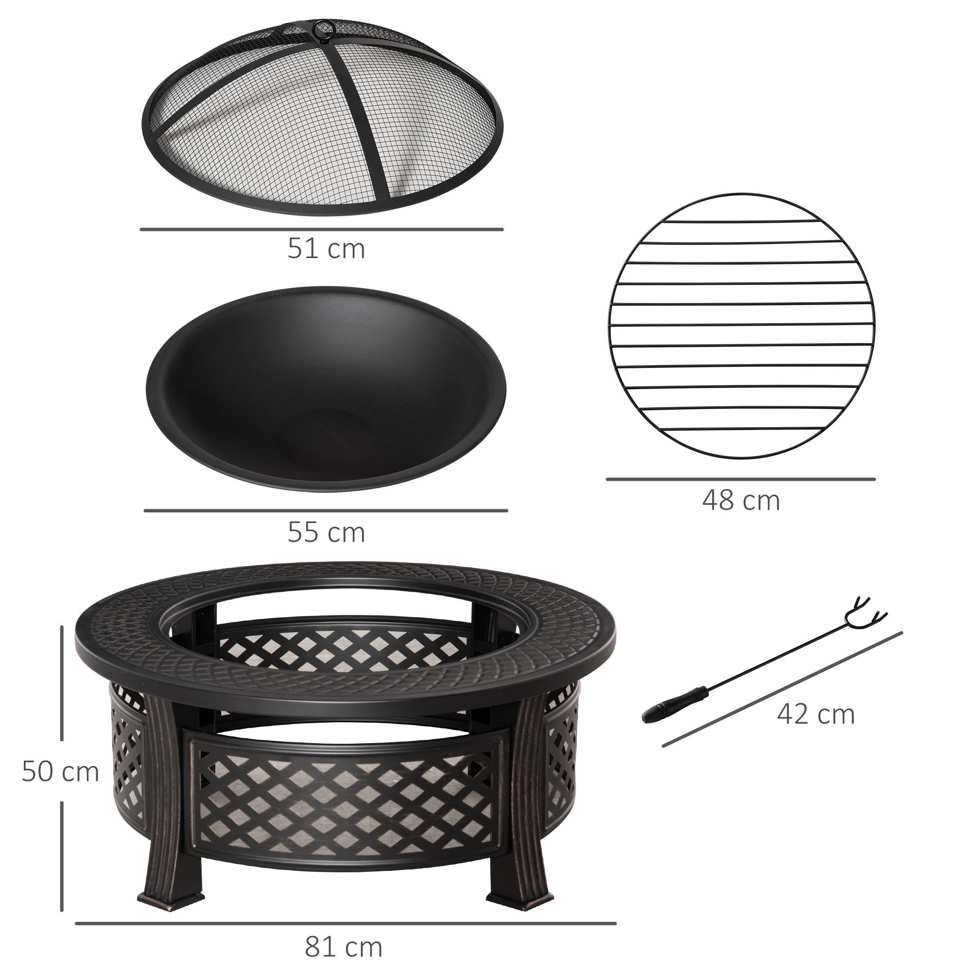 Outsunny Feuerschale Schürhaken Funkenschutz Feuerkorb Feuertisch rund Feuerstelle Garten Camping BBQ Stahl Schwarz 81x81x50cm Aosom – Bild 3 von 5