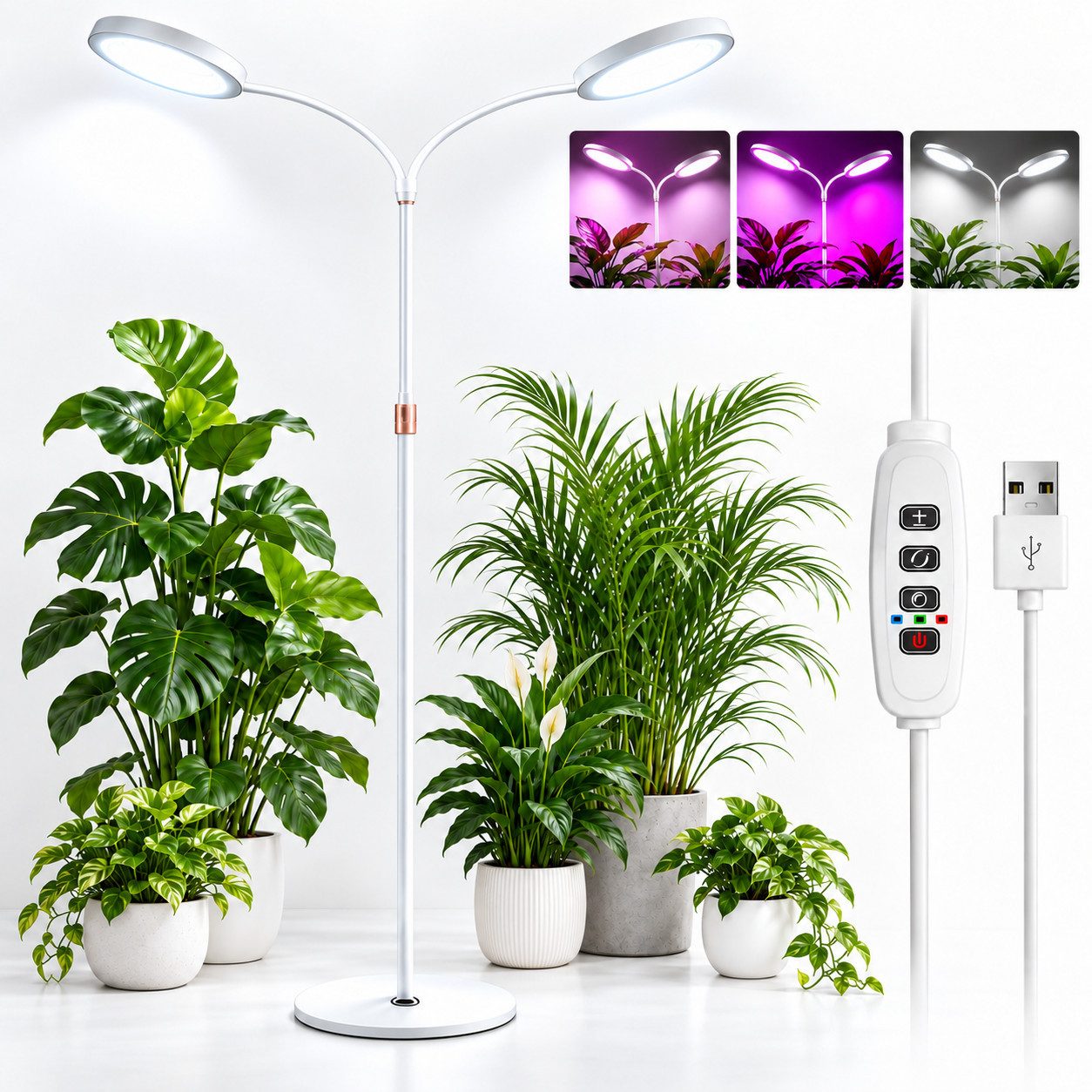 pedete Pflanzenlampe LED Vollspektrum 170 cm 10 Helligkeiten und Timer Höhenverstellbar, Doppelter Zweck, 3 Licht-Modi, LED fest integriert, 3/9/12-Stunden-Timer, weißes Licht, warmweißes Licht, rotes Licht, blaues Licht, Grow Lampe mit Sockel und Erdspieß