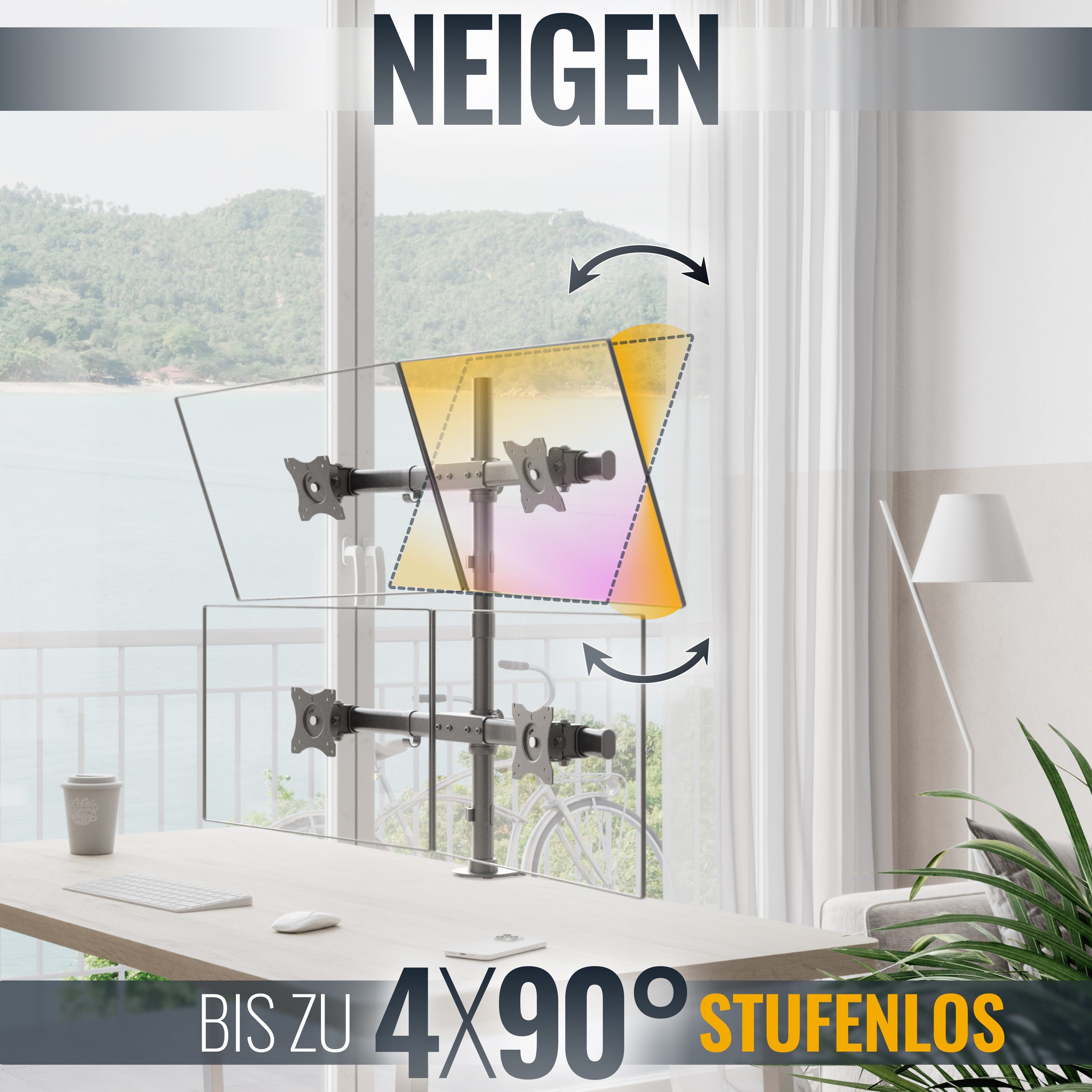 RICOO Monitor-Halterung Multi Monitor Bildschirm 4 Monitore Tischhalterung TS8411, (bis 26 Zoll, VESA 75x75 und 100x100, 1-tlg., 8 kg Belastbarkeit, von 33-66 cm (13"-26) Bildschirm-Diagonale, neigbar +45°/-45°, schwenkbar +/-15°, an der Stange höhenverstellbar)
