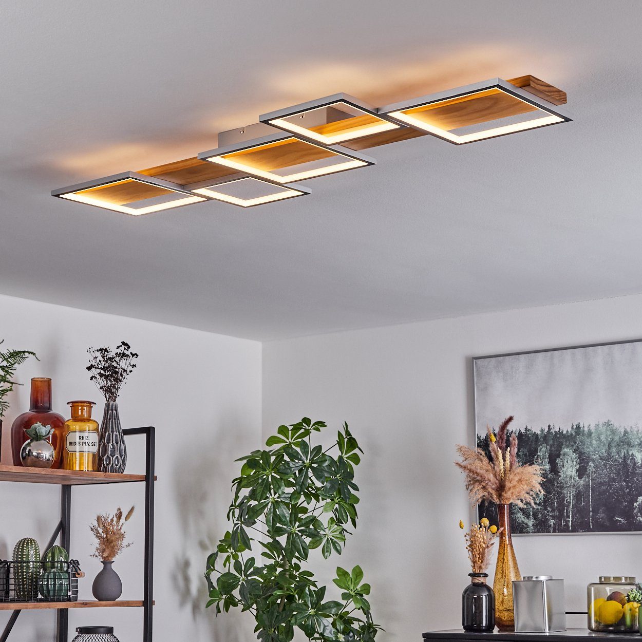 in Deckenleuchte LED wechselbar, Kelvin, 42 Lumen, Silberfarben/Natur/Weiß, LED Deckenlampe aus Metall/Holz/Kunststoff Lichtschalter, Watt 3000 5700 dimmbar hofstein über