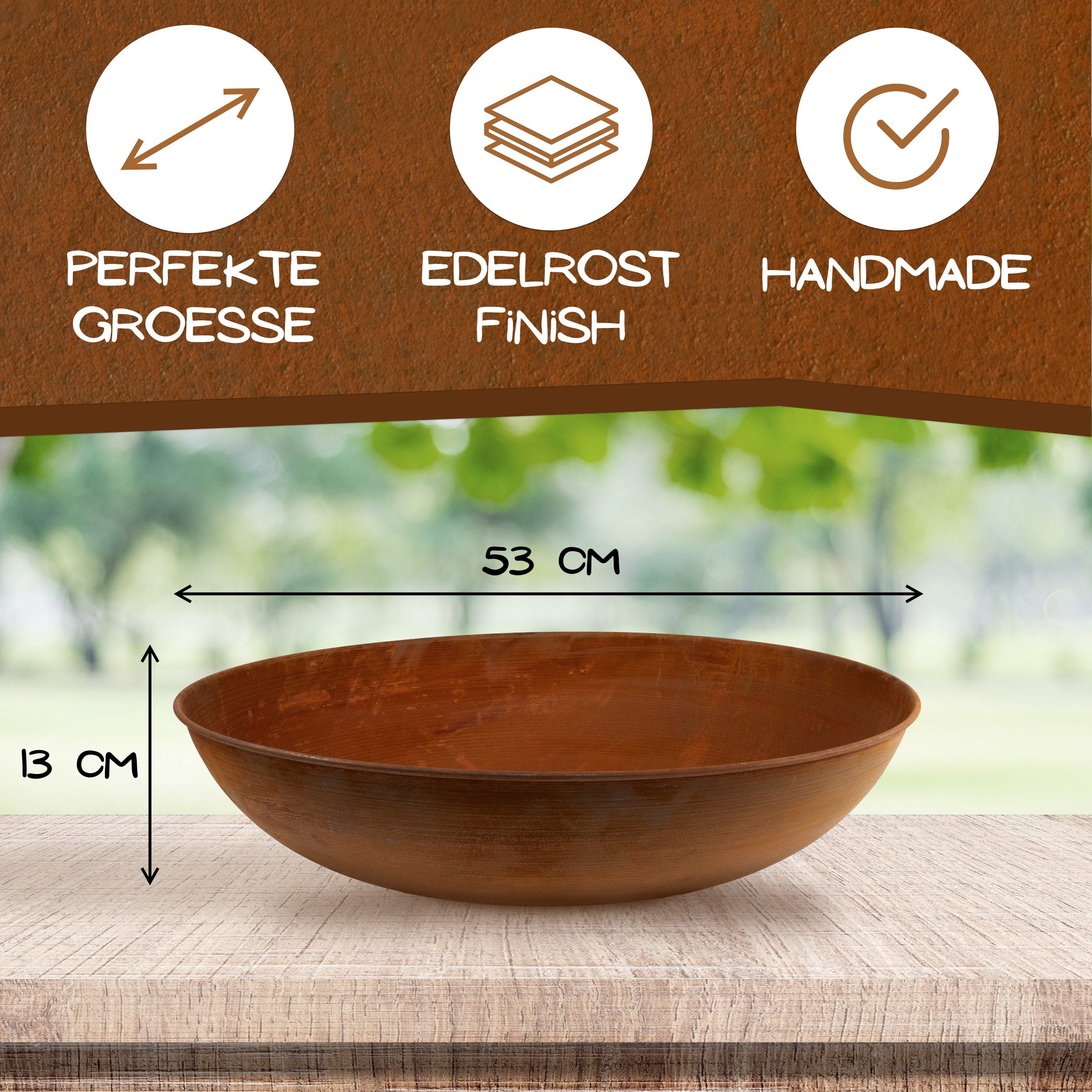 Rostikal Pflanzschale Blumenschale Ø 53 cm Cortenstahl – Edelrost Gartenschale, Mit Ablaufloch – pflegefrei & frostfest; Variante: auf Kugeln/ohne