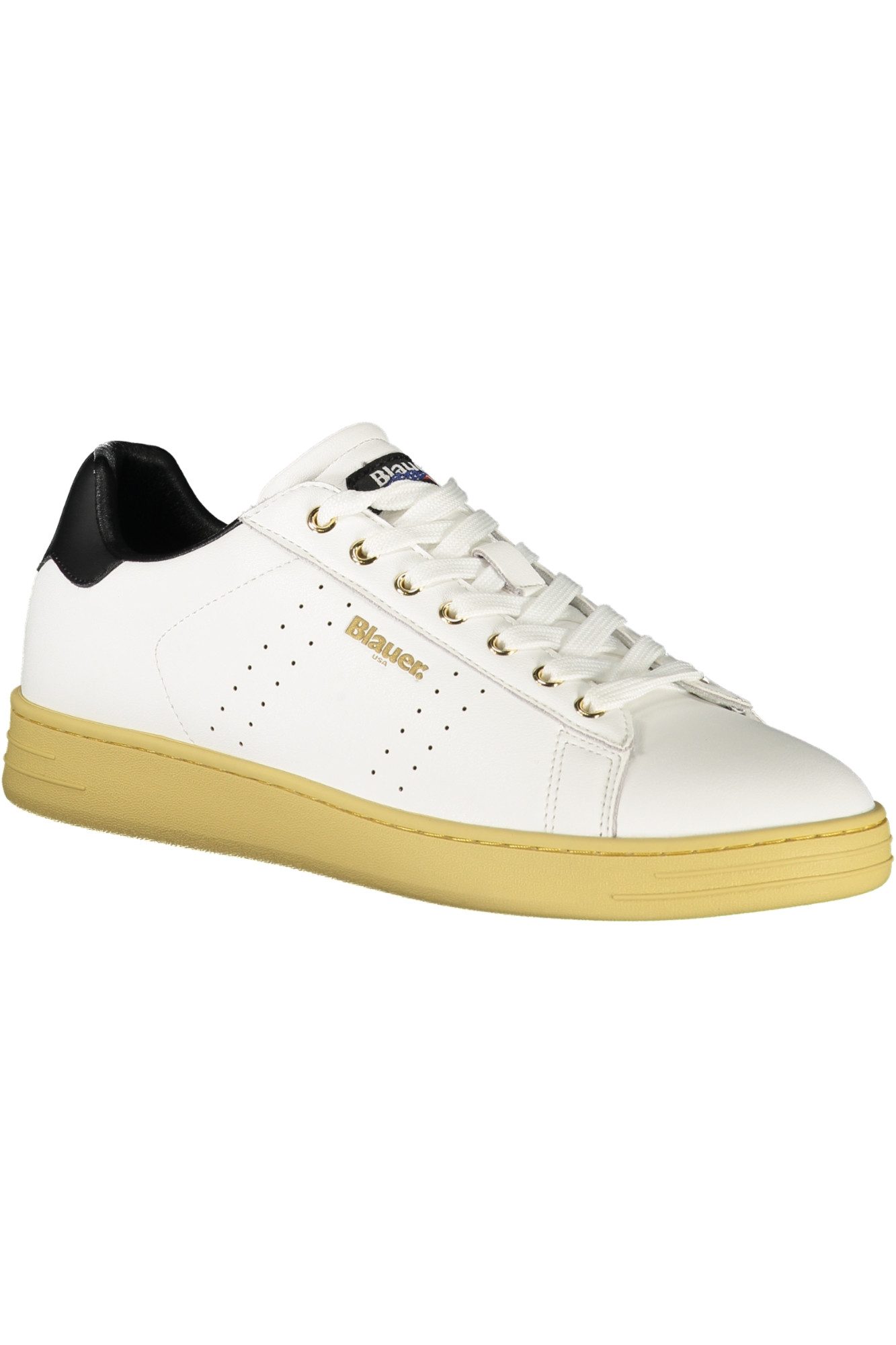 Blauer Sneaker Weiße Herrensportschuhe mit schwarzen Details und