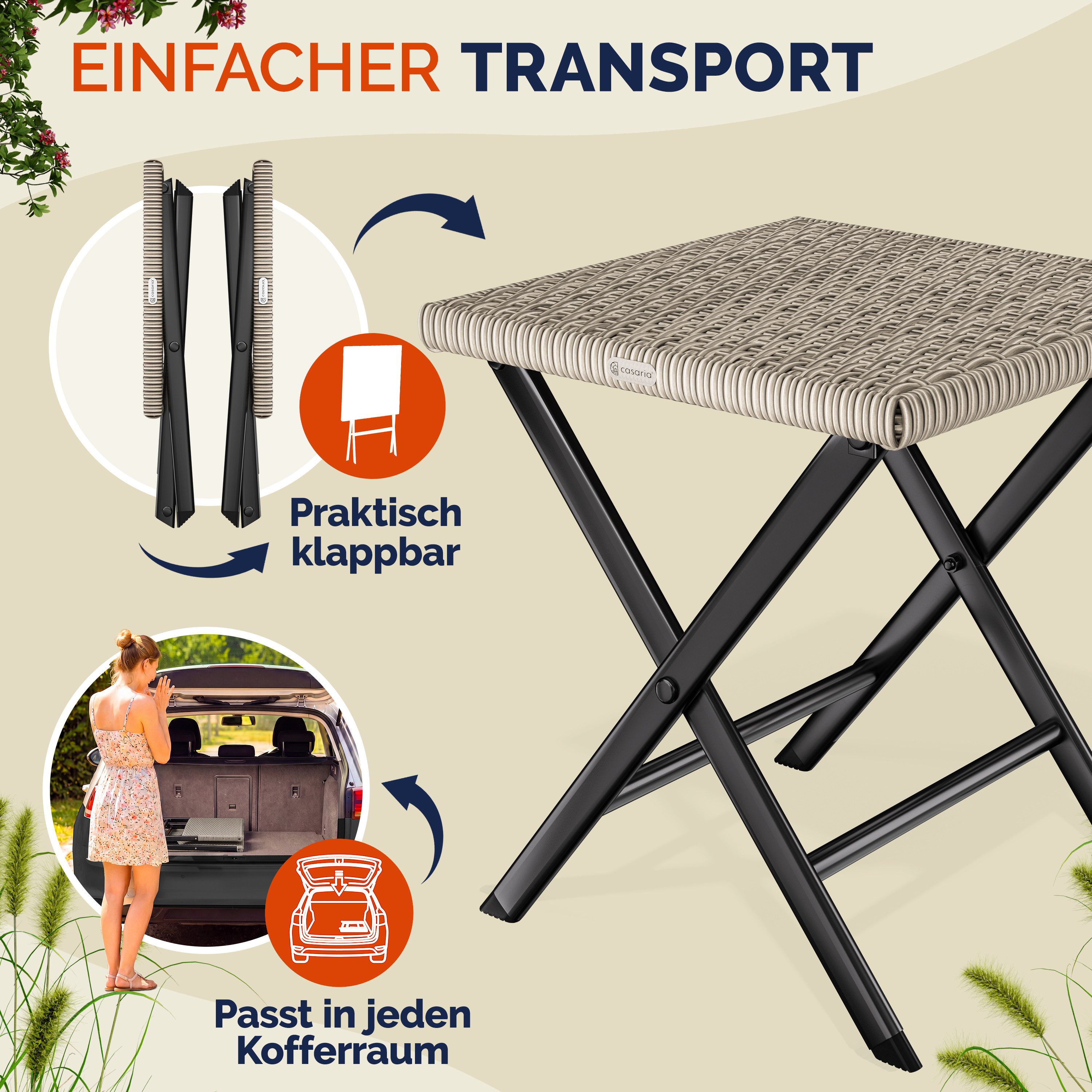 Casaria Klappstuhl, Polyrattan 75kg Belastbarkeit 44x40x44cm Klappbar Leicht Tragbar