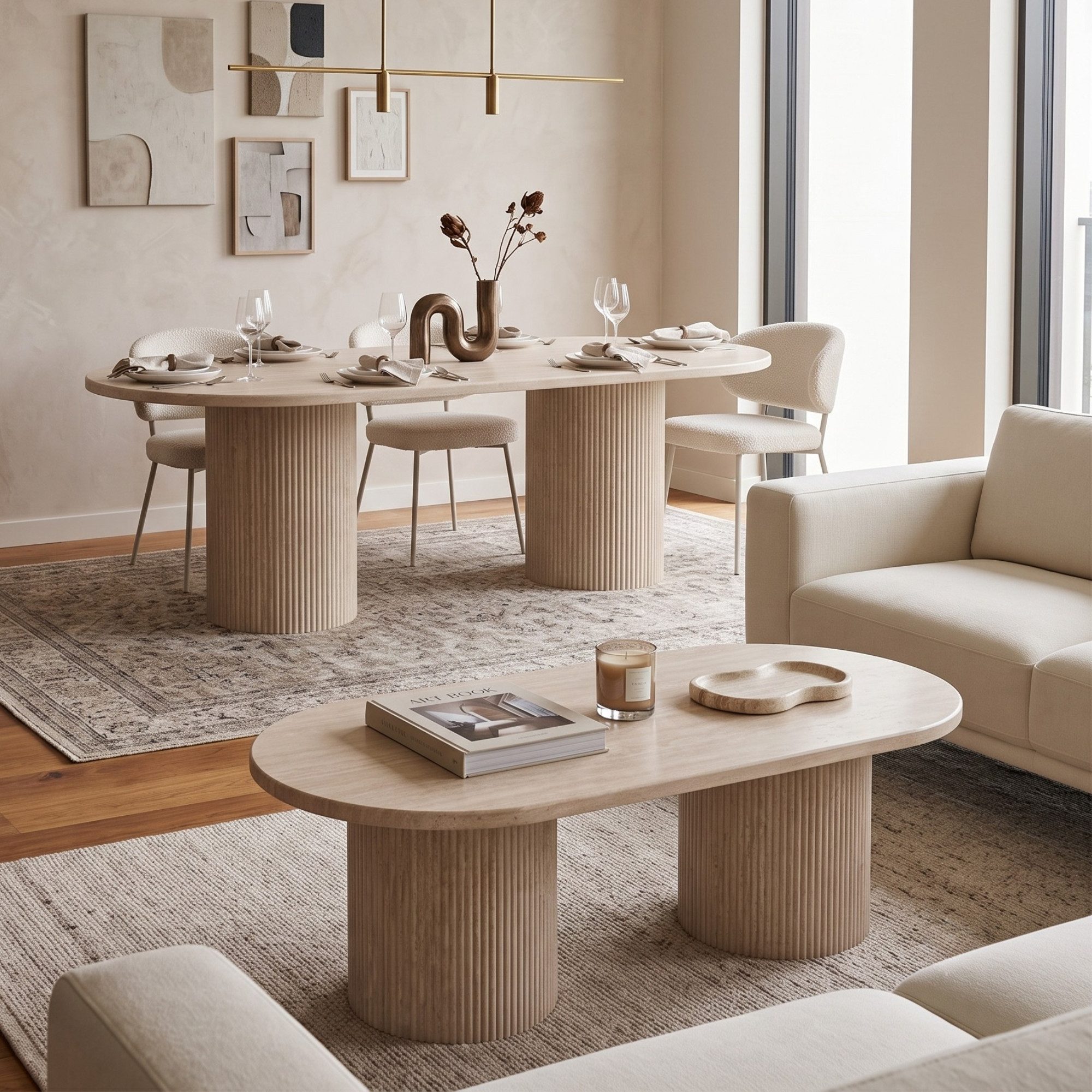 alesvelt Esstisch & Couchtisch Design Set TRIVENTO oval massive Travertin Design (2er-Set), edle Travertin-Optik 200x100x75cm 130x70x45cm im Säulenstil