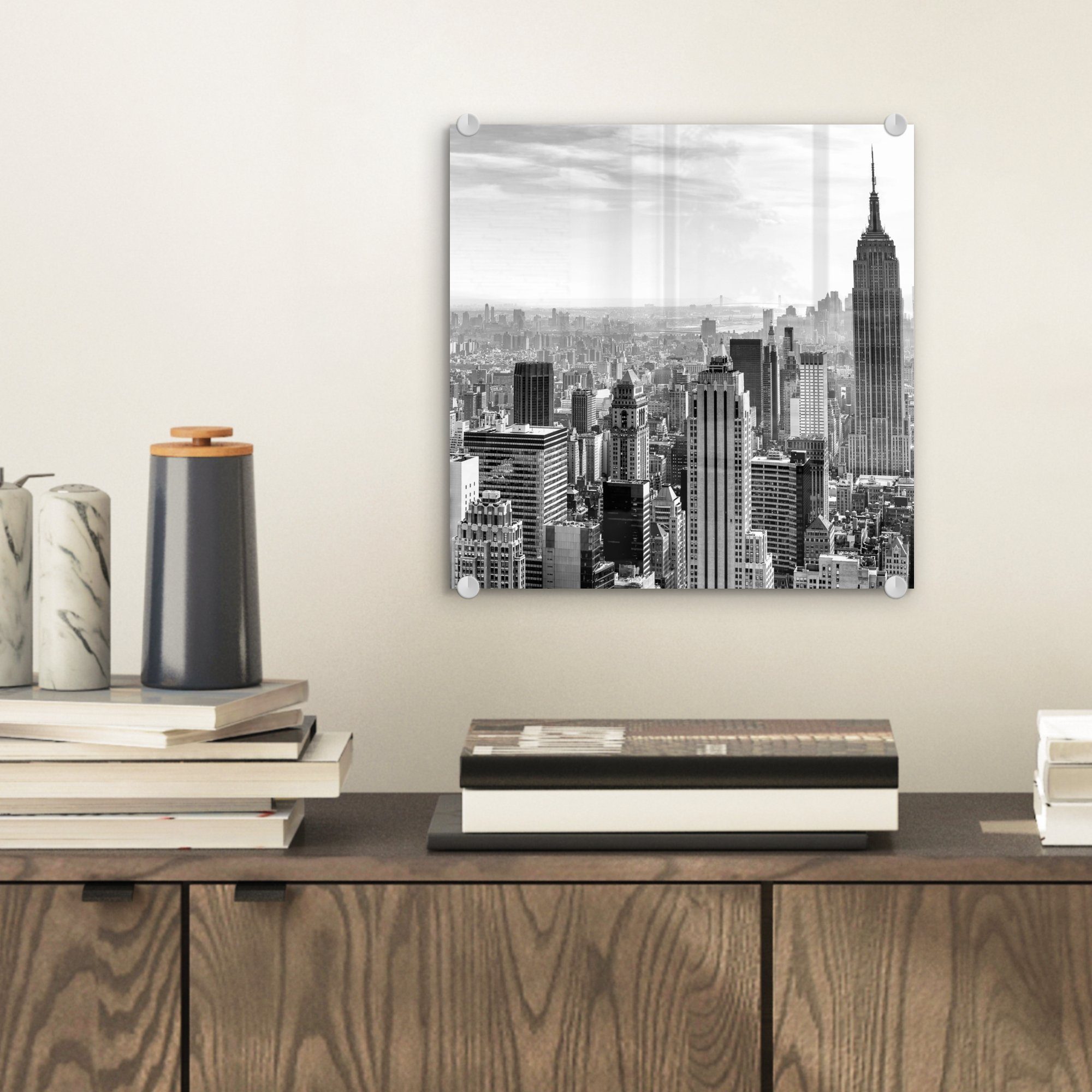 Empire Wandbild Acrylglasbild MuchoWow New Yorker - schwarz - - St), und Bilder Glas Foto Glasbilder State Building weiß, auf (1 auf Wanddekoration Glas -