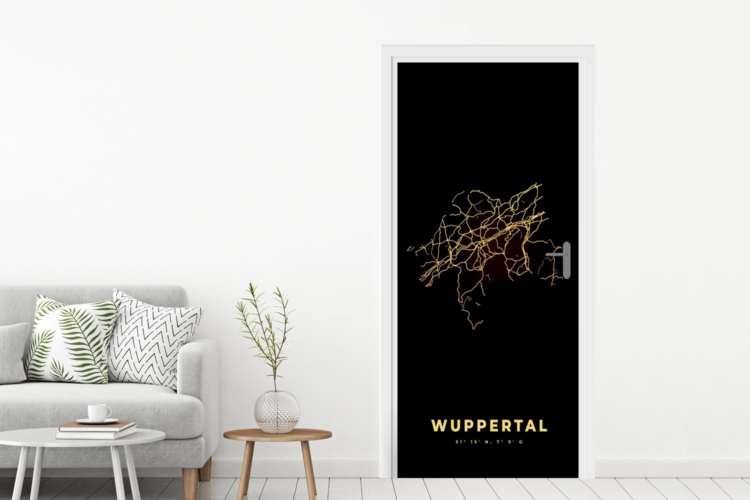 (1 Wuppertal Karte, cm - Gold St), Matt, MuchoWow für - Karte Tür, Türaufkleber, Türtapete 75x205 - bedruckt, - Stadtplan Fototapete