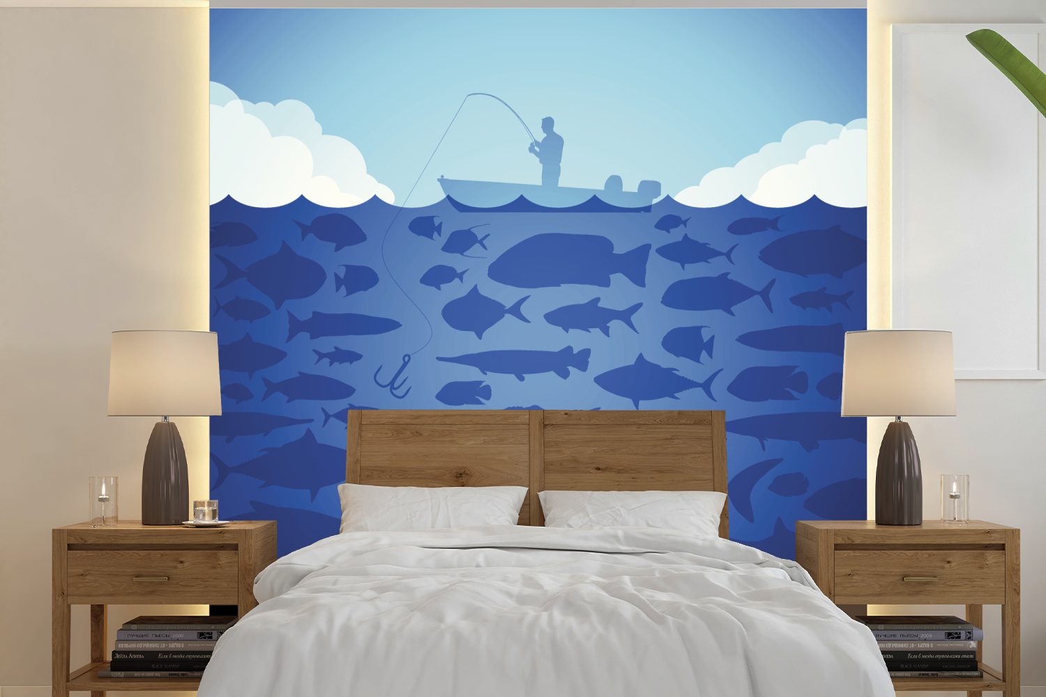 MuchoWow Fototapete Illustration eines Mannes beim Fischen, Matt, bedruckt, (5 St), Vinyl Tapete für Wohnzimmer oder Schlafzimmer, Wandtapete