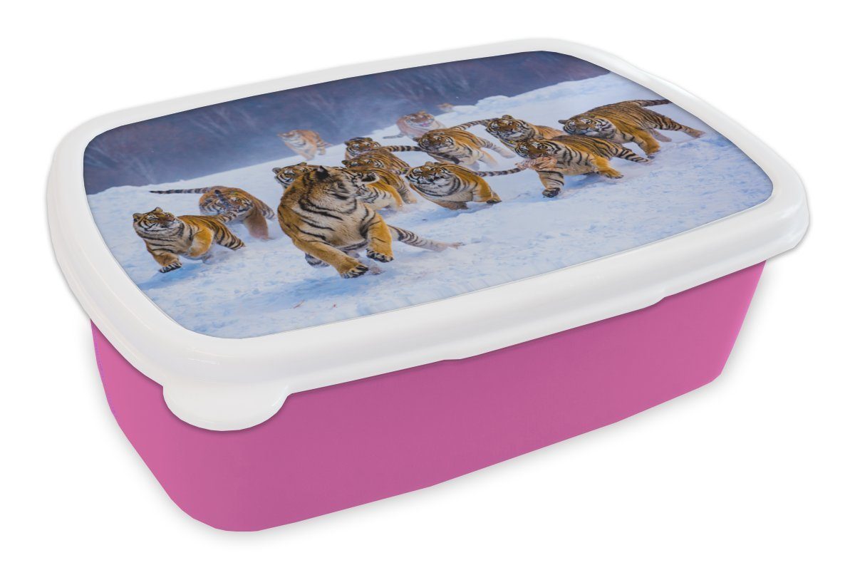 Kunststoff - Wilde Schnee - Tiger Kinder, Brotdose - Snackbox, Erwachsene, MuchoWow Tiere Winter, für (2-tlg), Mädchen, Lunchbox rosa Kunststoff, Brotbox