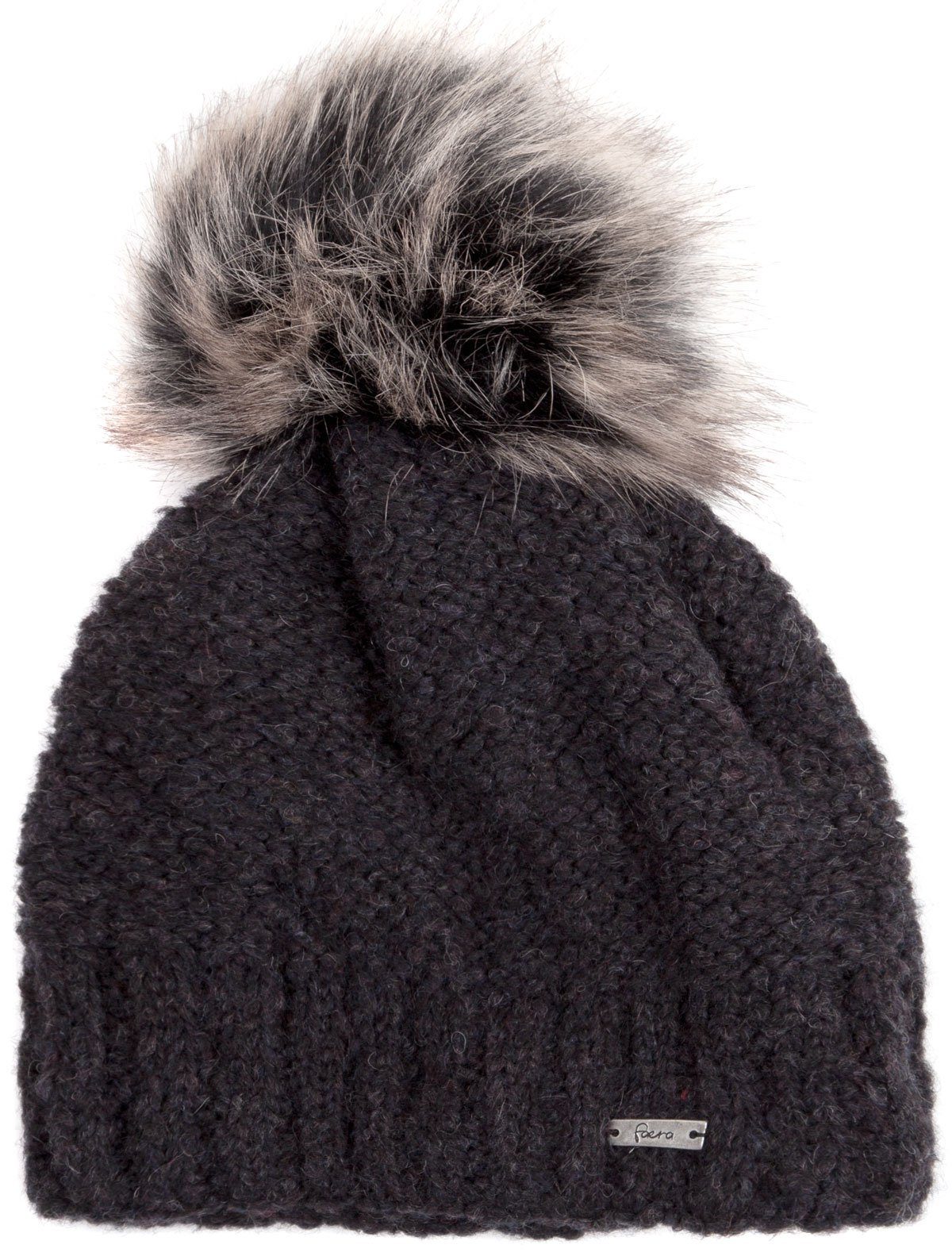 Beanie gefüttert schwarz Faera Mütze Haube Winter Strickmütze Damen Wintermütze Bommelmütze