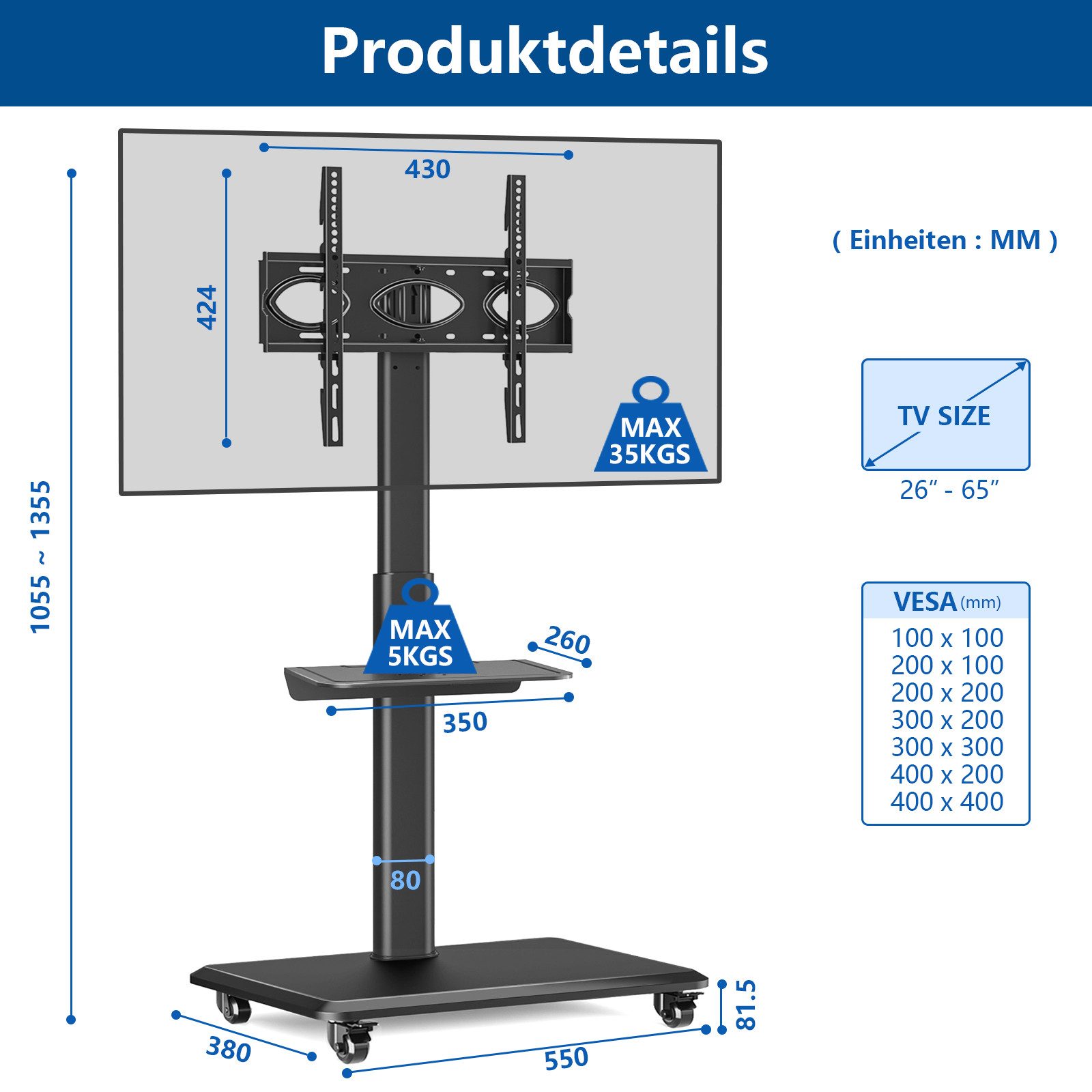 Rfiver TV-Ständer Rollbar TV Wagen auf Rollen für 26-65 Zoll Fernseher, Fernsehständer, (bis 65 Zoll, 1-tlg., drehbarer TV-Ständer​, TV Standfuß, höhenverstellbar Neigbar Max. 35 KG VESA 400x400 mm)