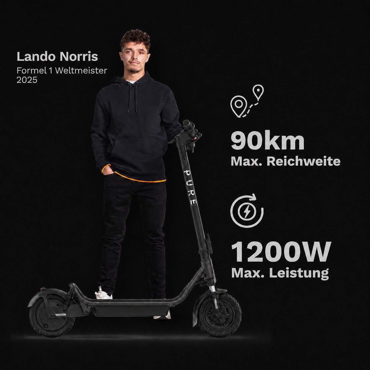 Pureelectric E-Scooter PURE AIR⁶ ULTRA SUSPENSION E-Scooter mit Doppelfederung, Bis zu 90 km Reichweite. Doppelte Federung. 1200W Motor