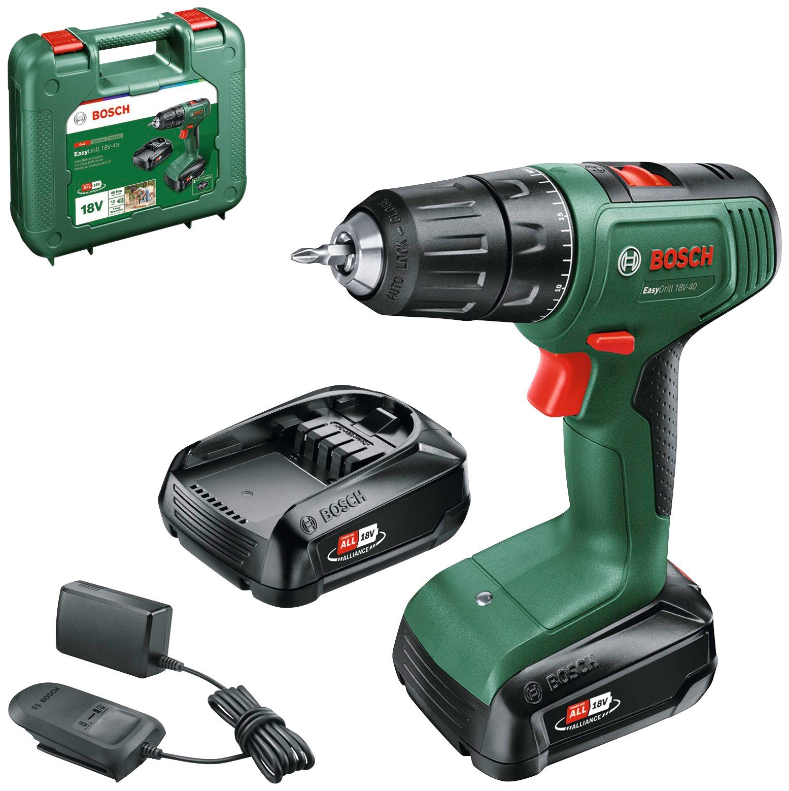 Home Bosch Akku-Bohrschrauber 2 mit Ladegerät und Akkus & Garden 18V/2Ah Inkl. 18V-40, Easydrill Koffer,