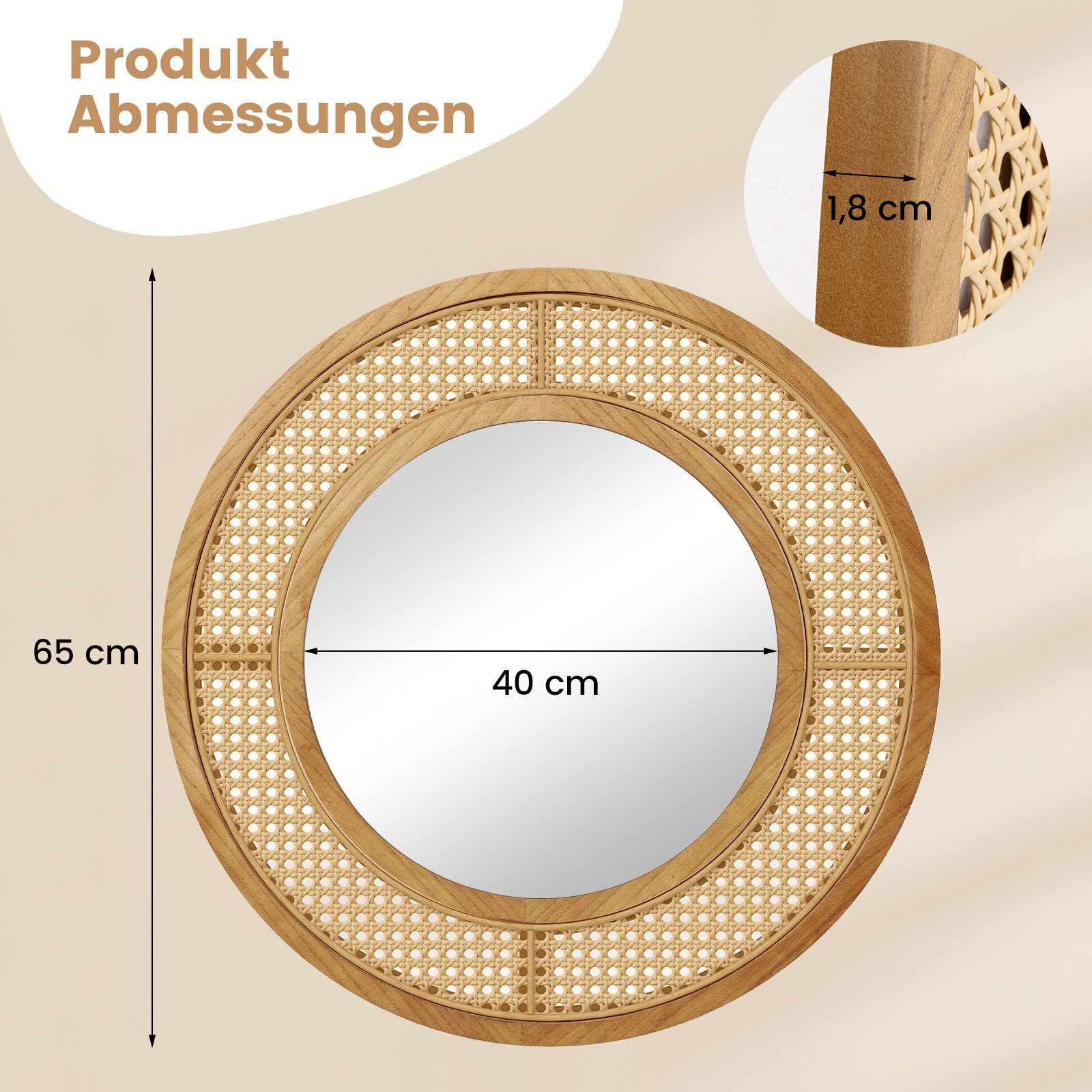 COSTWAY Wandspiegel, ∅ 65cm mit Holzrahmen, Aluminiumglas & Haken