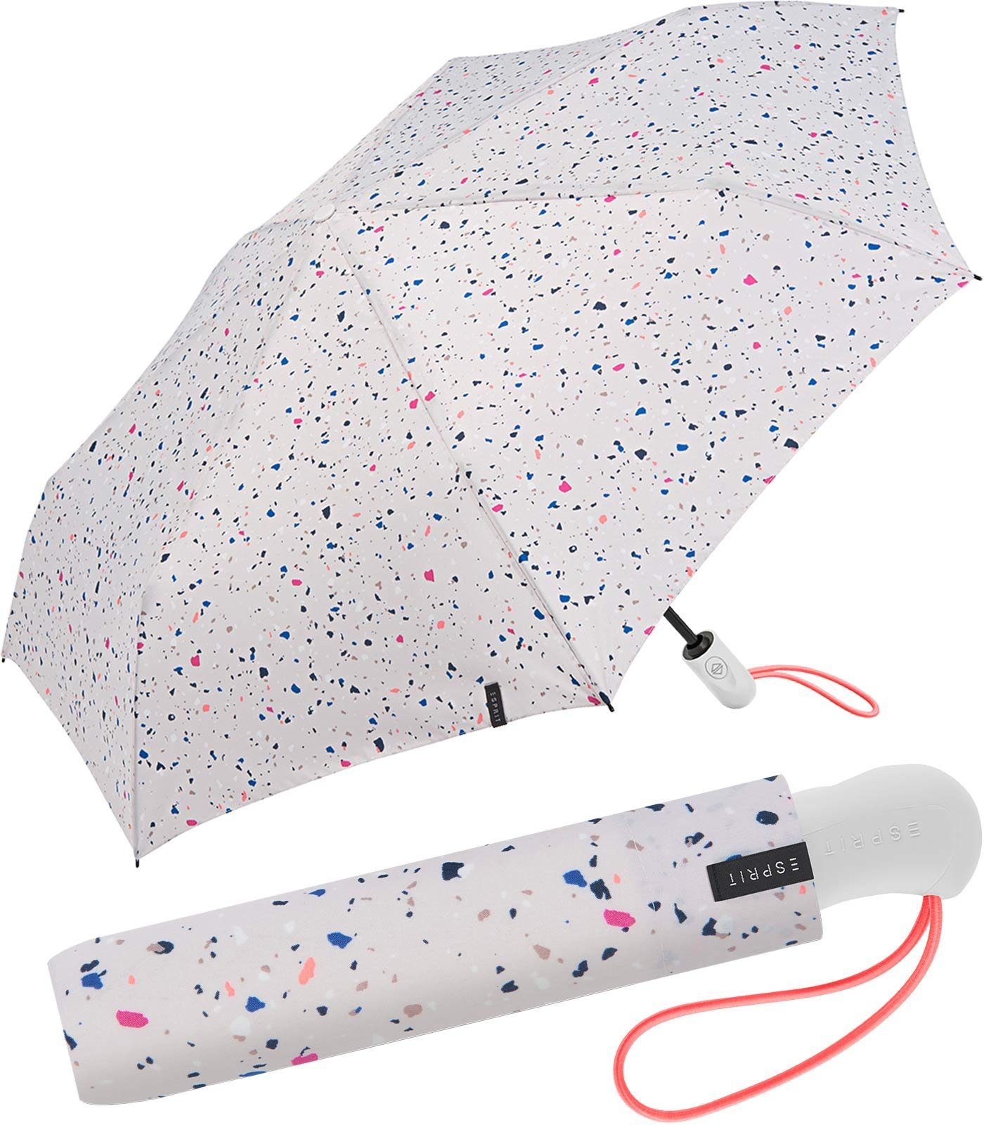 Esprit Taschenregenschirm Easymatic Light Terrazzo Dots weiß, stabil, mit praktisch, Auf-Zu-Automatik - 