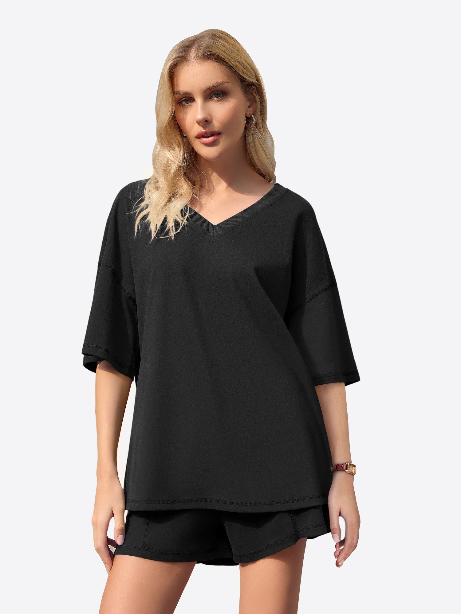 Imily Bela Hausanzug Damen Zweiteilig aus Baumwolle Locker V-Ausschnitt Loungewear (Set, 2 tlg., 2er-Pack, T-Shirt+Shorts) in Unifarbe