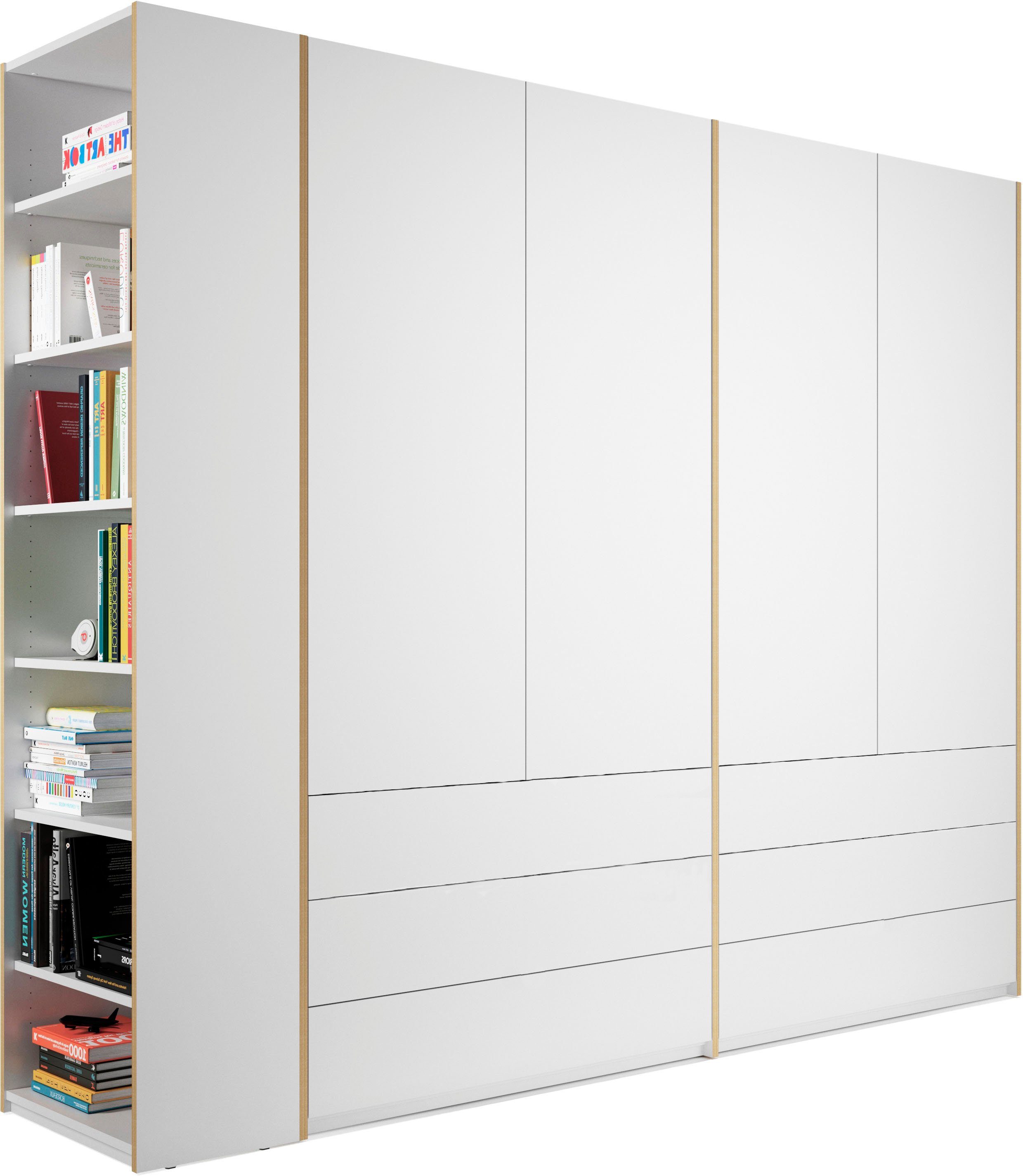 Modular LIVING weiß/birke wahlweise montierbar | Variante links Kleiderschrank 4 weiß/birke Anbauregal 6 SMALL Schubladen, rechts oder Plus Müller