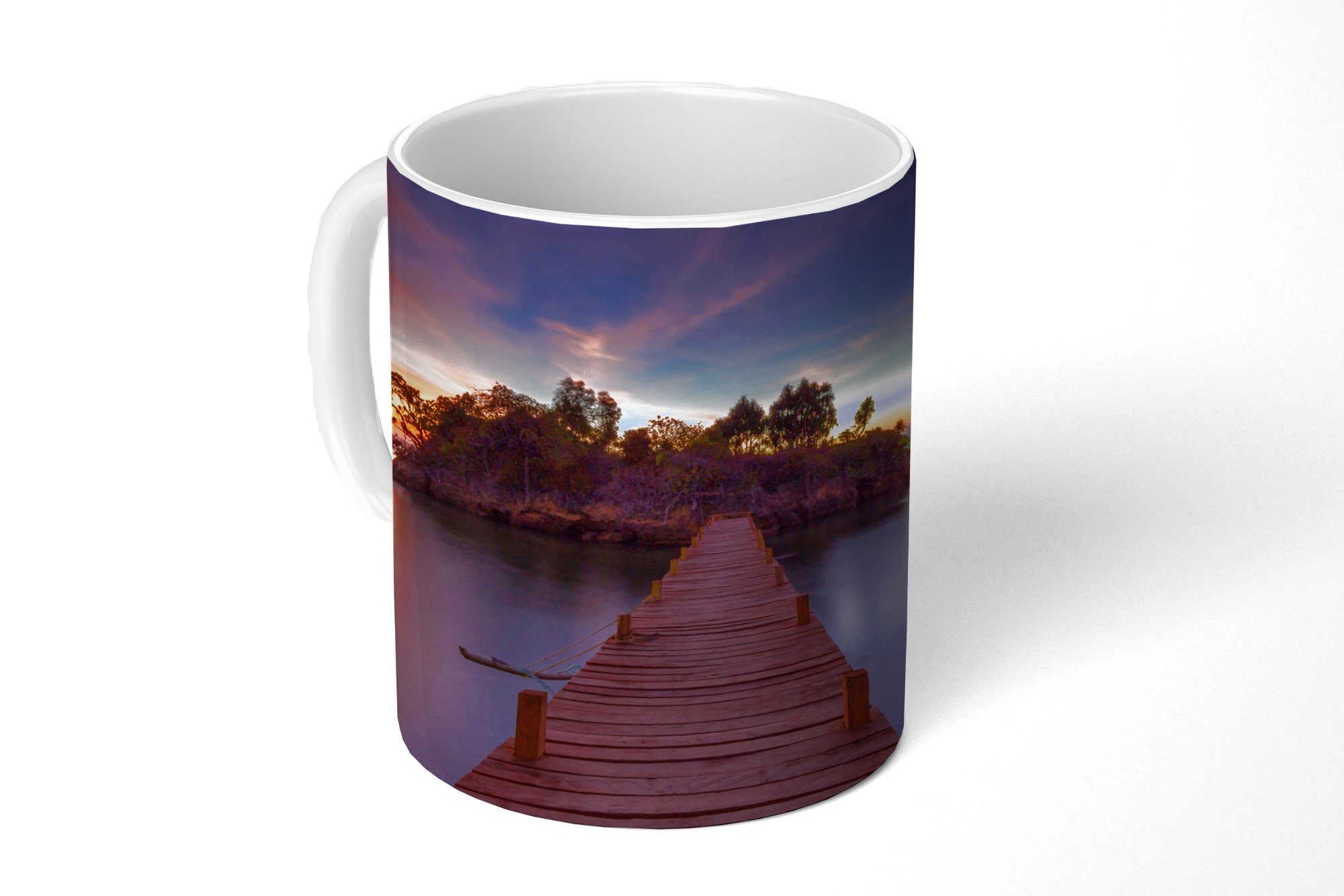 MuchoWow Tasse Sonnenuntergang - Brücke - Bäume - Wasser - Insel, Keramik, Kaffeetassen, Teetasse, Becher, Teetasse, Geschenk