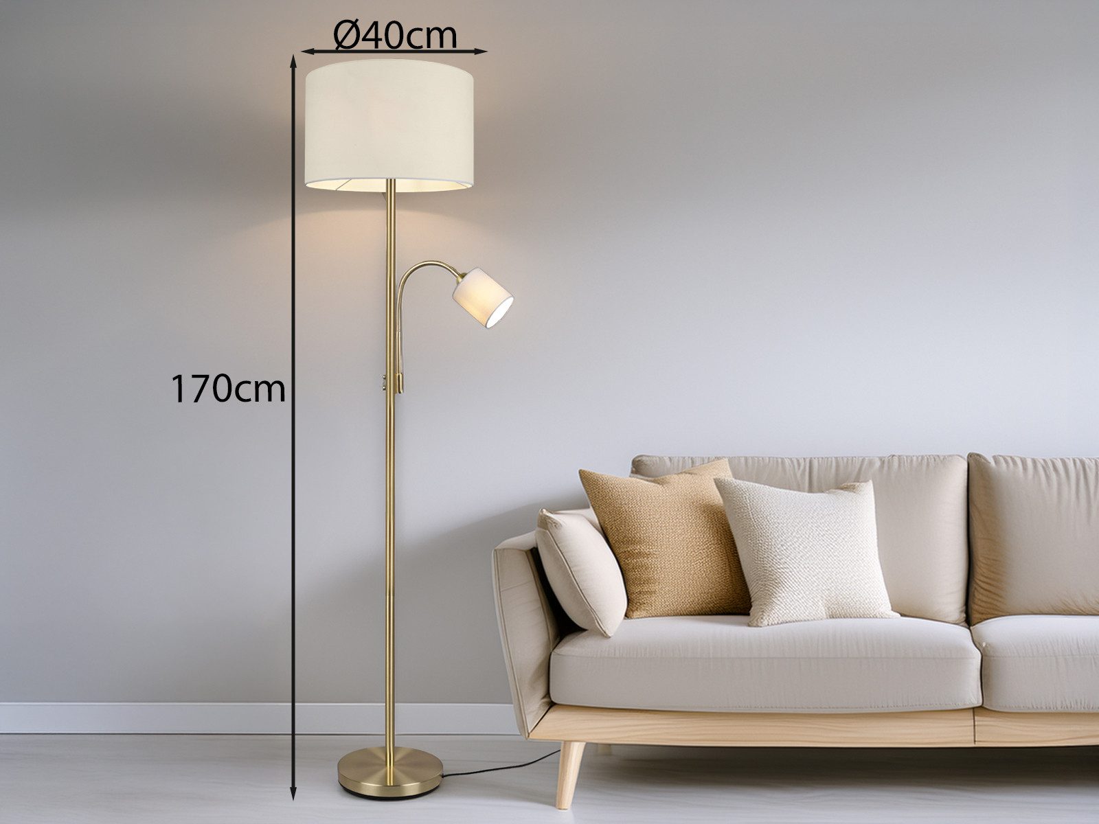 TRIO Leuchten LED Stehlampe mit Leselampe & Stoffschirm Höhe 170cm, dimmbar, LED wechselbar, Warmweiß, Designklassiker Steh-Leuchte groß für Lese-Ecke stehend – Bild 5 von 5