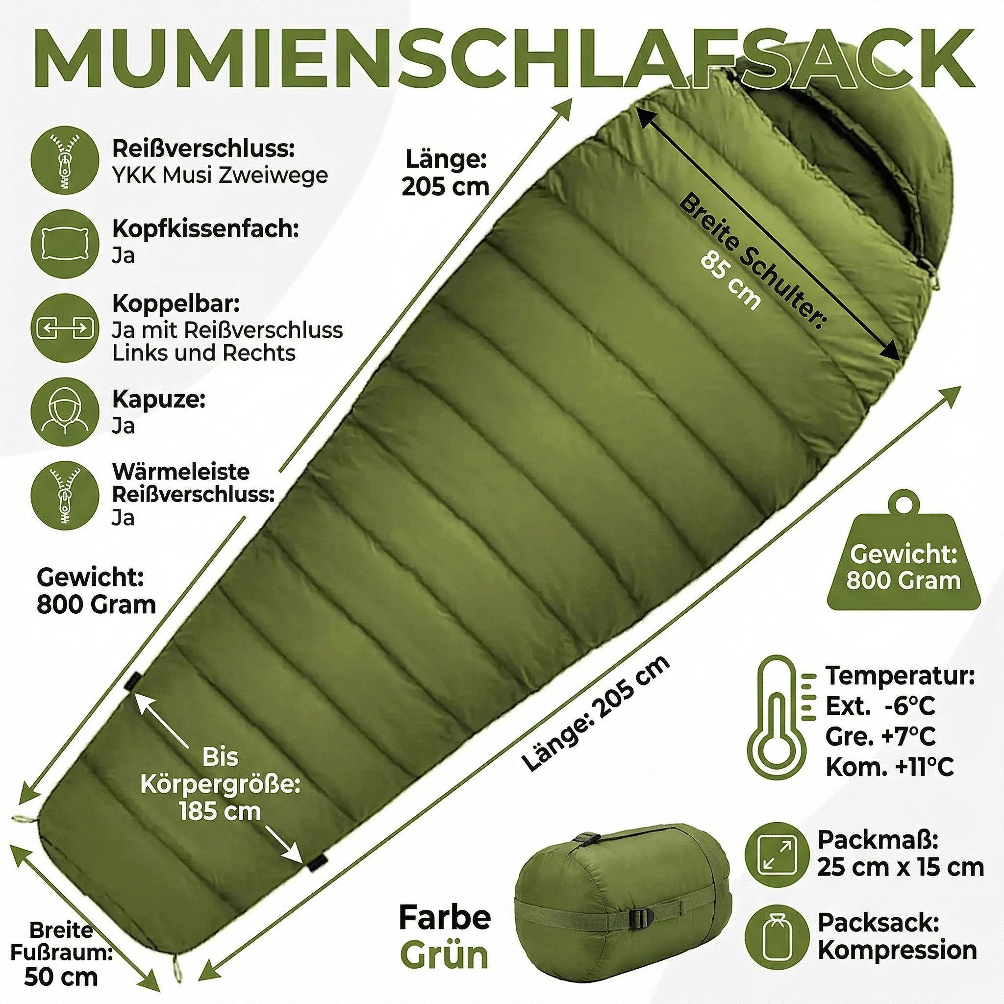Norskskin Mumienschlafsack Mumienschlafsack Norskskin Ultralight Green 800 g 205 cm Koppelbar, Ultraleicht, 2 Wege Reißverschluss, Kopfkissenfack, Mumienschlafsack