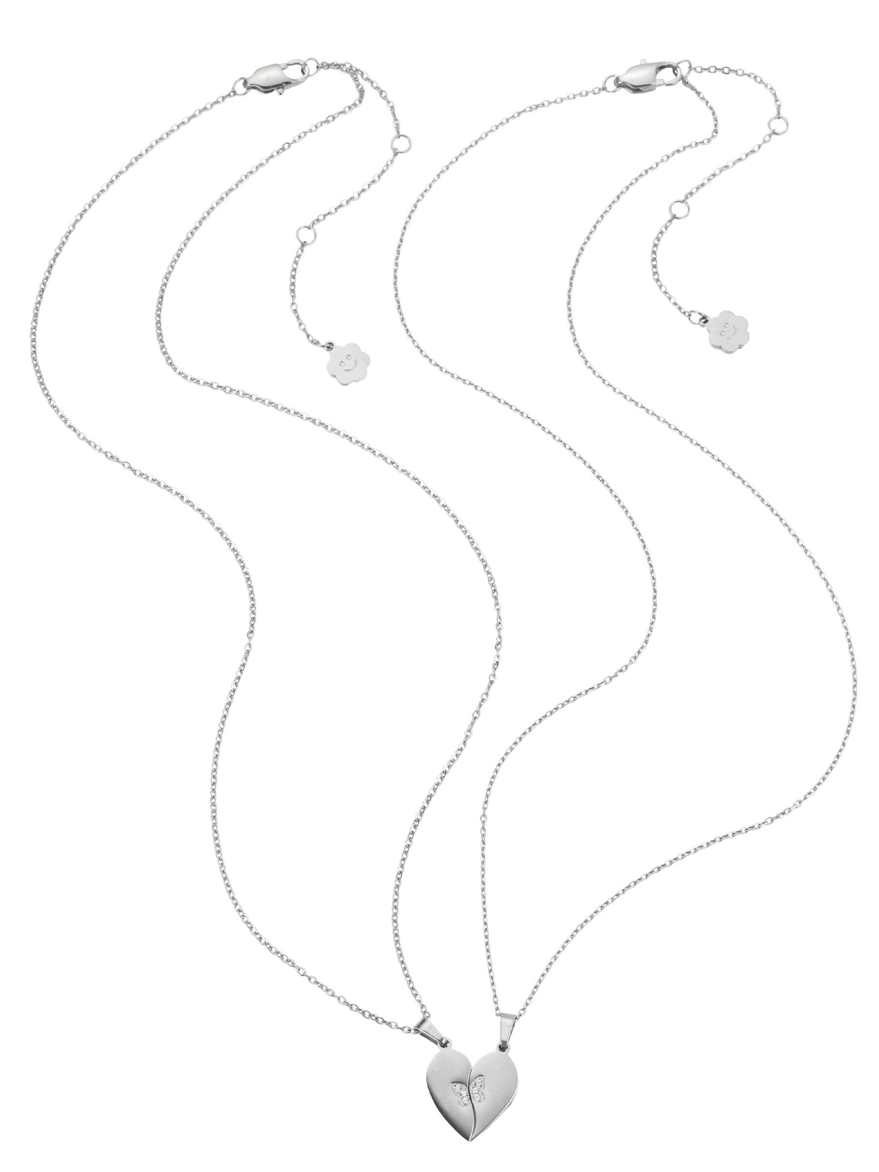 Hey Happiness Edelstahlketten-Set Schmetterling & geteiltes Herz – 2-teilige Partnerkette mit Zirkonia, wasserfeste Freundschaftskette, Damen Halskette