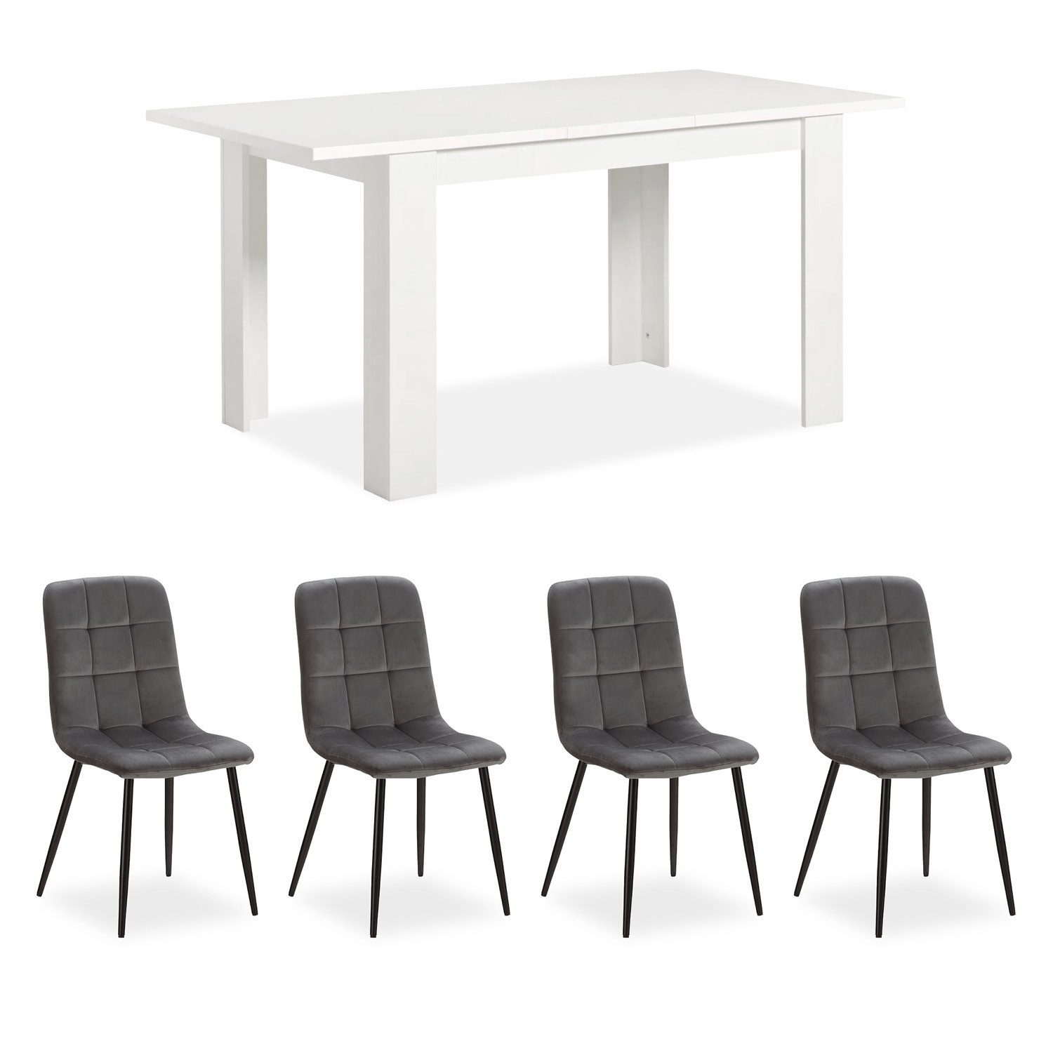 Homestyle4u Essgruppe Esstisch 80x120 bis 80x153 erweiterbar mit 4 Stühle Grau Samt Weiß, (Set, 5-tlg., Esszimmergruppe 5 teilig), Tisch ausziehbar Küchentisch Sitzgruppe Polsterstuhl, Essstuhl