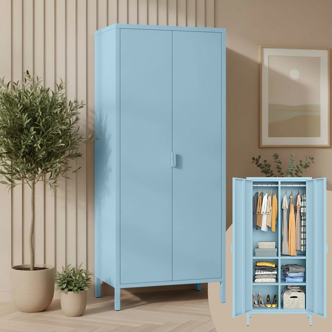 Skølm Ituri Metallschrank Dunkelgrün – Kleiderschrank Mit 6 Fächern & 2 Kleiderstangen – Garderobenschrank Flur 80 Cm Breit – Schlafzimmerschrank Industrial Style – Stahlschrank Für Wohnzimmer & Büro