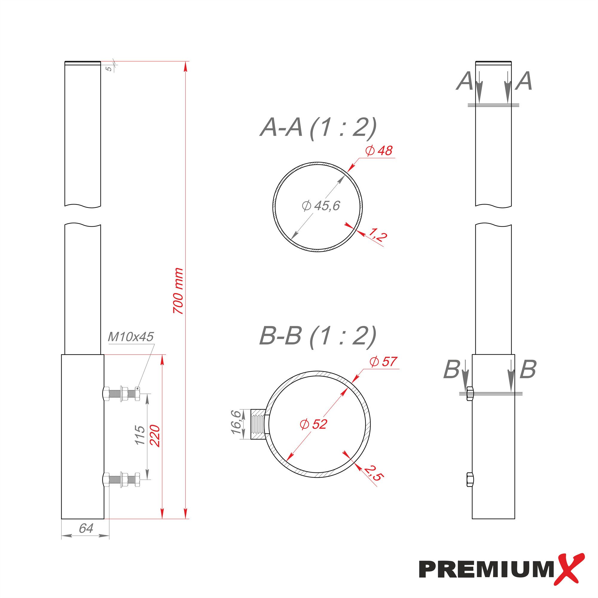 PremiumX SAT-Halterung Mastverlängerung 70cm 48mm Stahl verzinkt Mastaufsatz