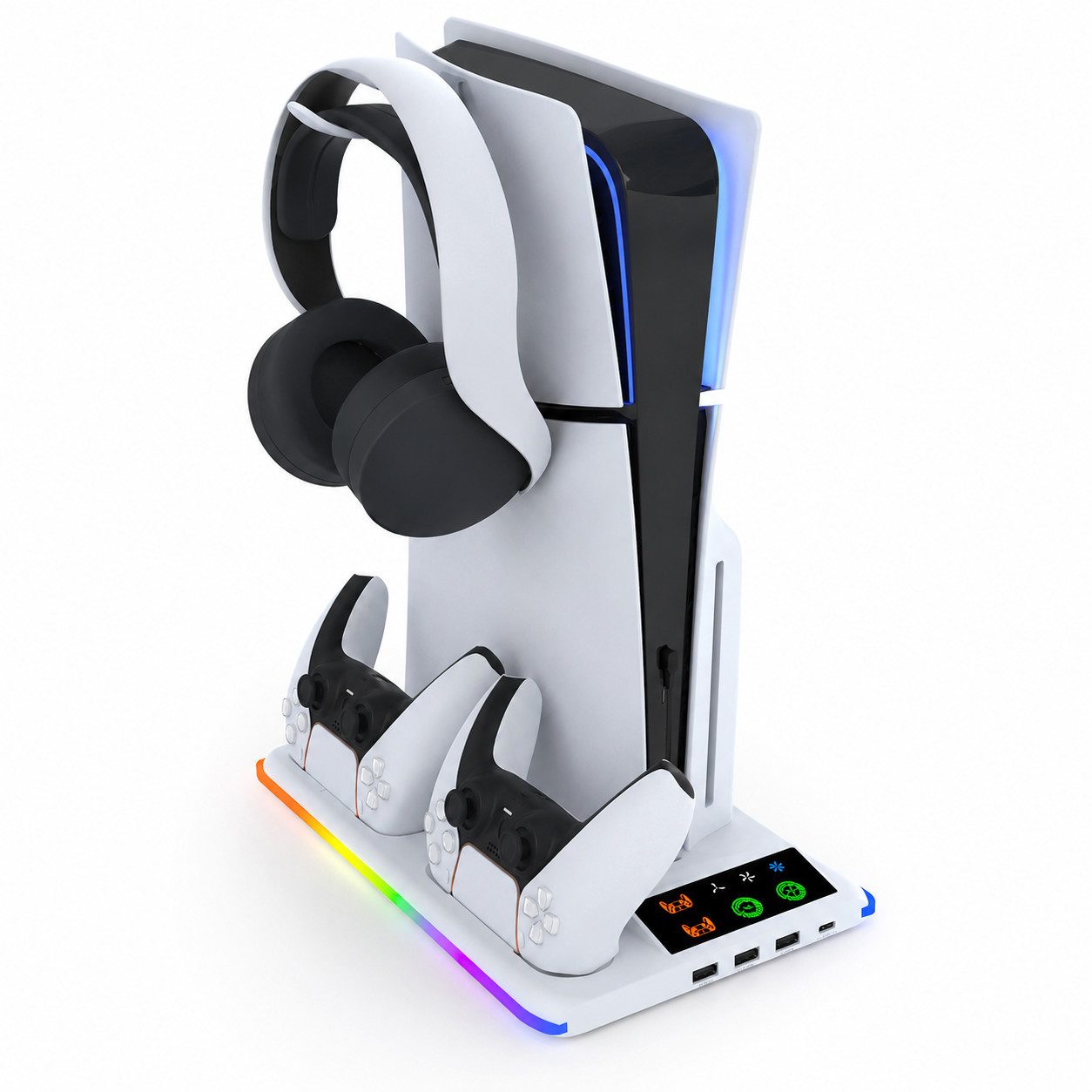 Fyrove PS Portal Ladehalter Ladegerät mit Headset Fernbedienung Halterung Nintendo-Controller (Spar-Set, 1 St., PS5 Controller-Ladestation mit 3 USB-Hubs & RGB-Beleuchtung)