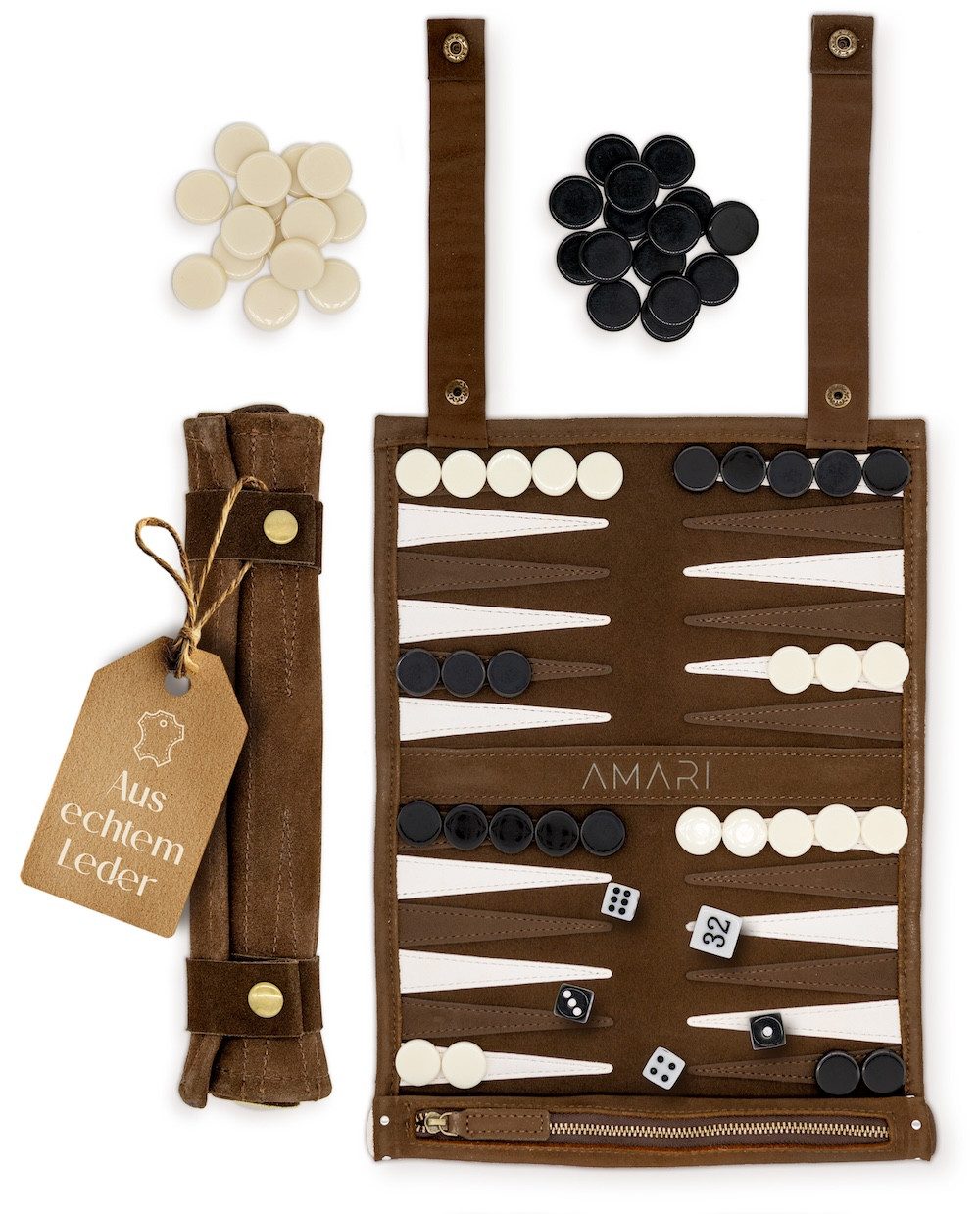 Amari Spiel AMARI ® Reise Backgammon - Rollbares Backgammon für Reisen & Unterwegs
