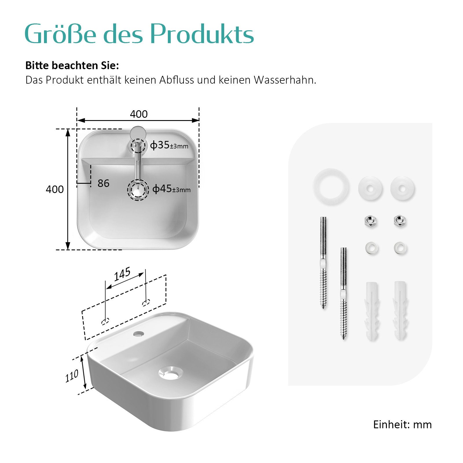 Thumbnail - EMKE Aufsatzwaschbecken Eckiges Keramik Waschbecken mit Hahnloch – Wand- & Aufsatzmontage,Weiß (Packung, Mit Hahnloch)