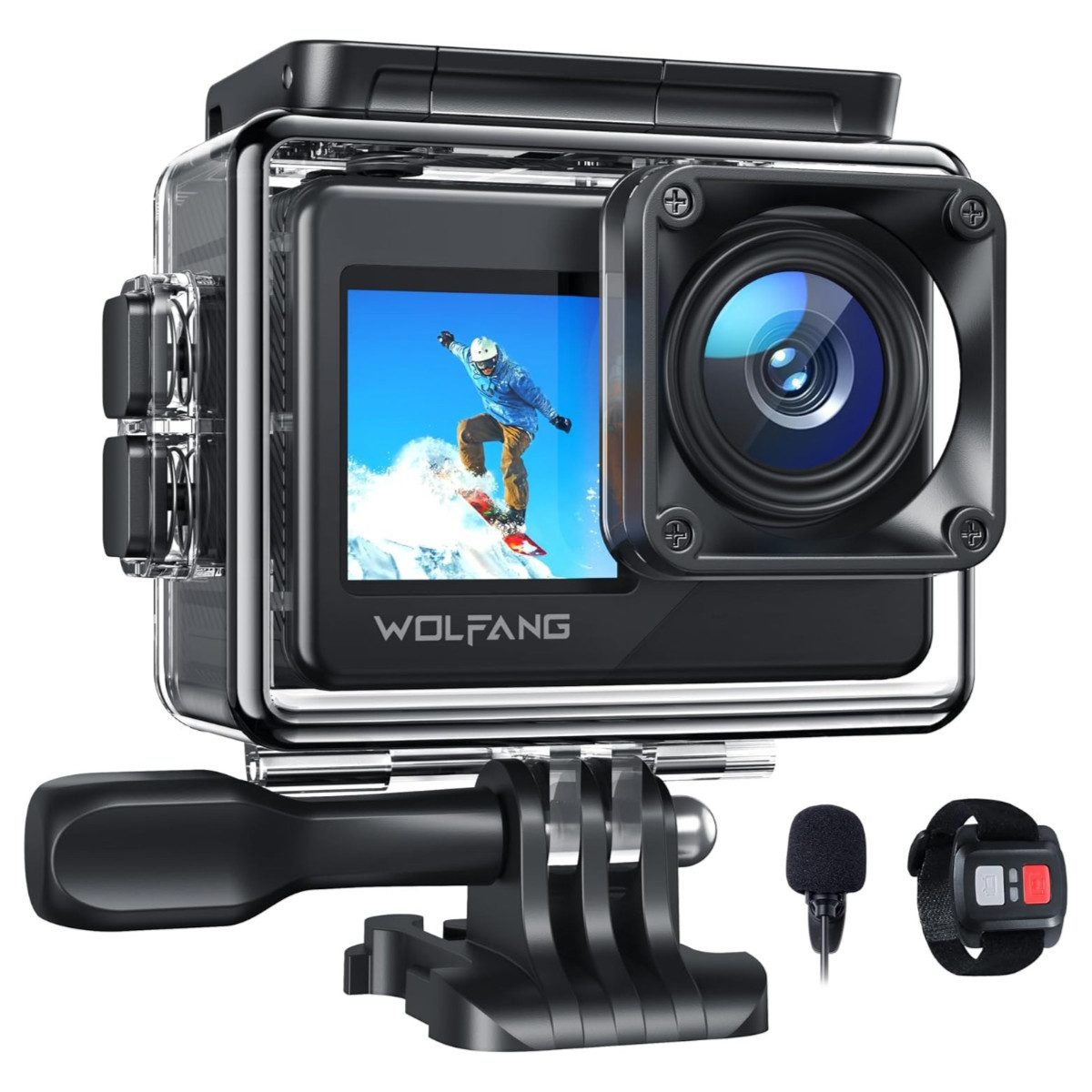 WOLFANG Action Cam (FULL HD, WLAN (Wi-Fi), 4K 30FPS 20MP, Dual-Bildschirm, 40M wasserdicht, WiFi, 170° Weitwinkel)