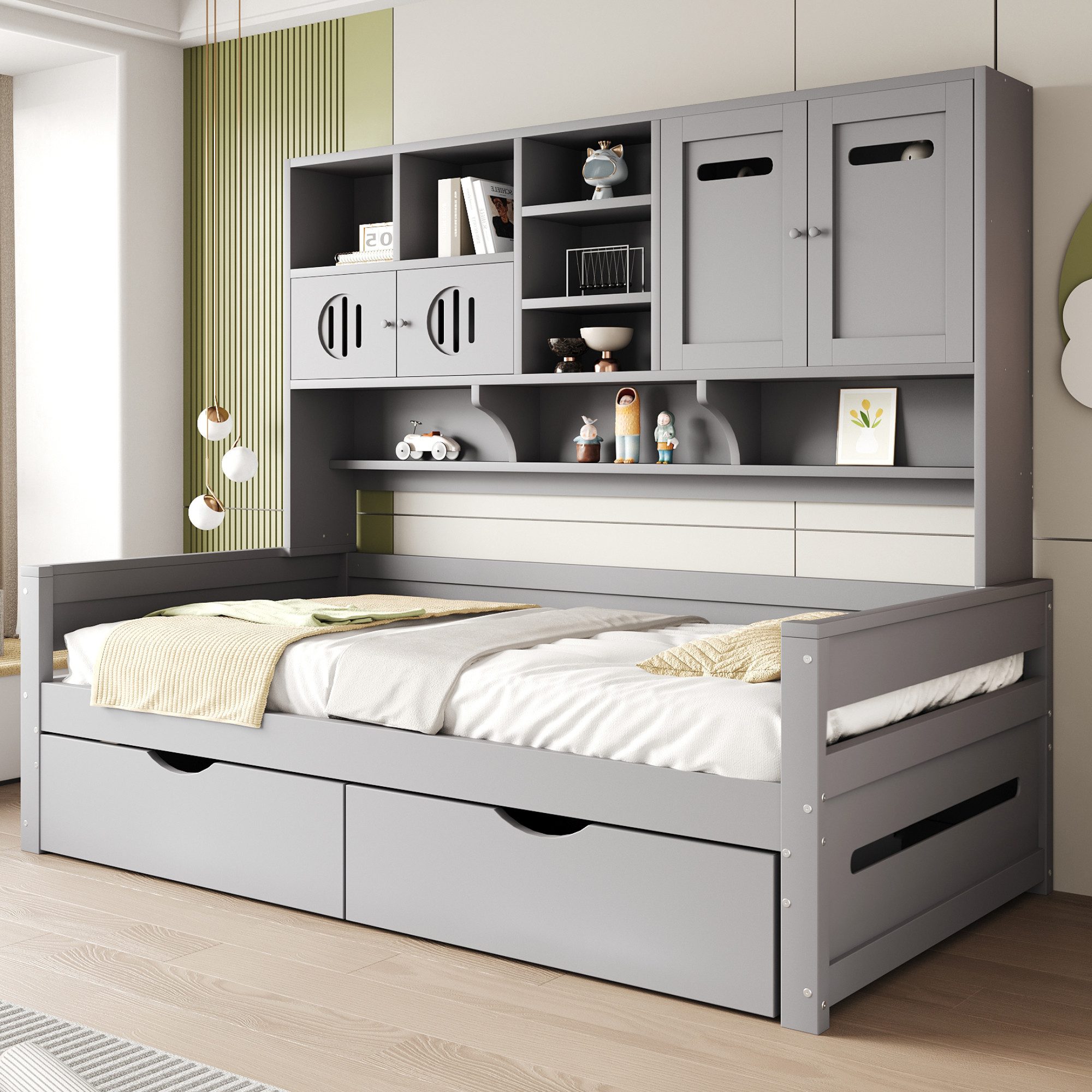 Merax Daybett (Sofabett Schlafsofa Jugendbett Kinderbett Einzelbett Schrankbett, 1 tlg), Kiefer Tagesbett 90x200cm mit Stauraum Schubladen Schrank Regalfächern
