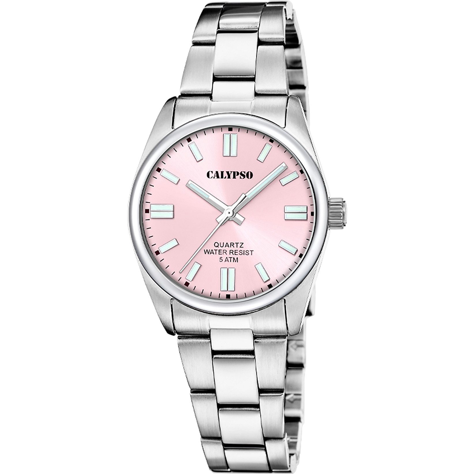 Calypso Quarzuhr Basic Damenuhr K5863/5, elegante Quarzuhr mit rosa Zifferblatt, silberfarbenem Edelstahlband und 32 mm Gehäusegröße