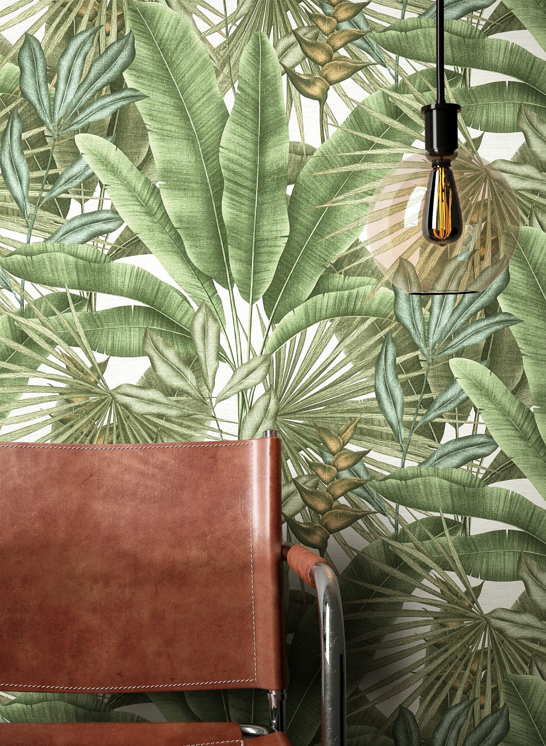 Newroom Vliestapete Bamba Green Tapete Mustertapete Dschungel,Palmen,Blätter, Grün Tapete Modern Dschungel - Mustertapete Blumentapete Weiß Tropisch Floral Palm – Bild 3 von 4