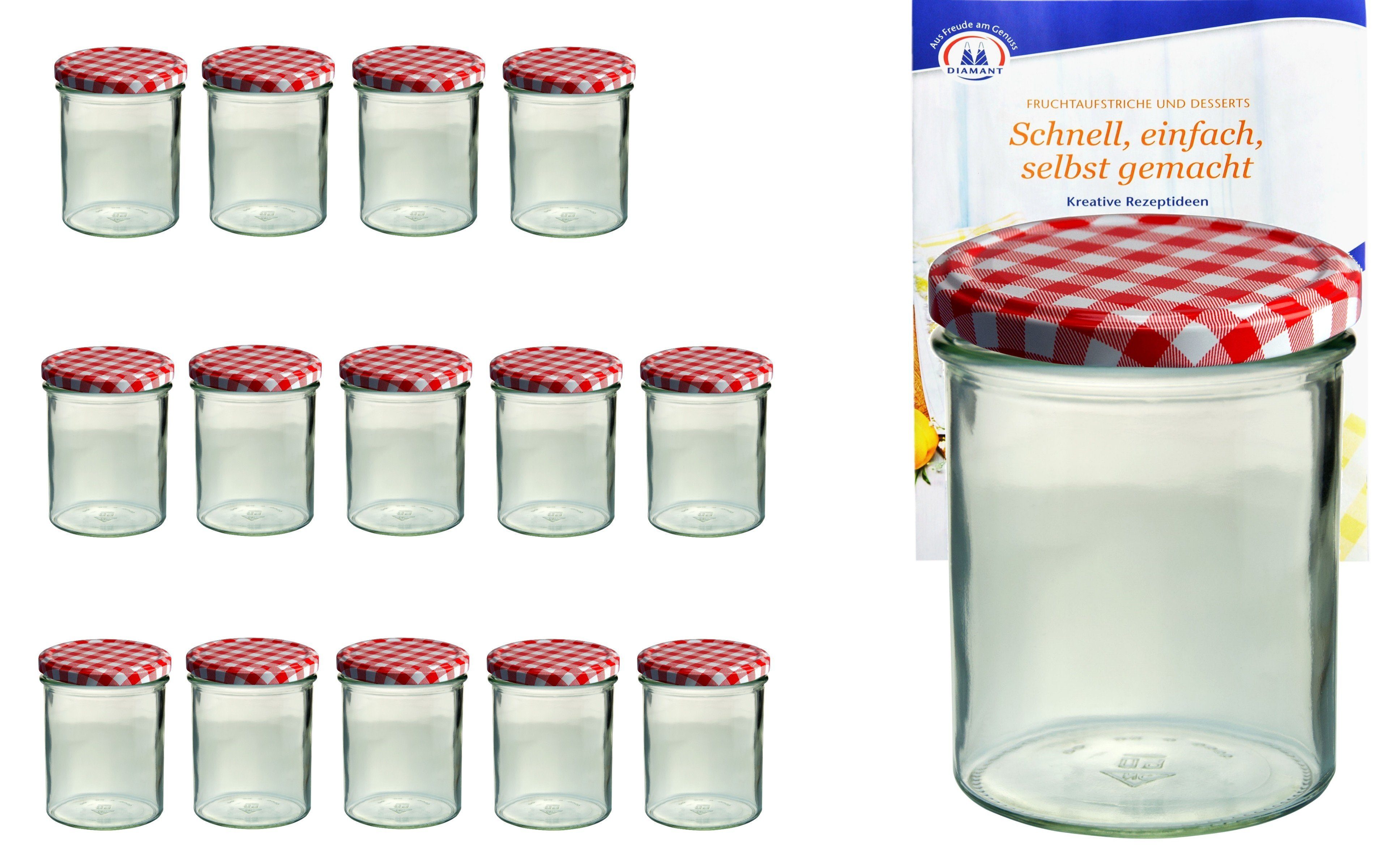 MamboCat Einmachglas 15er Set Sturzglas 350 ml To 82 rot karierter Deckel incl. Rezeptheft, Glas