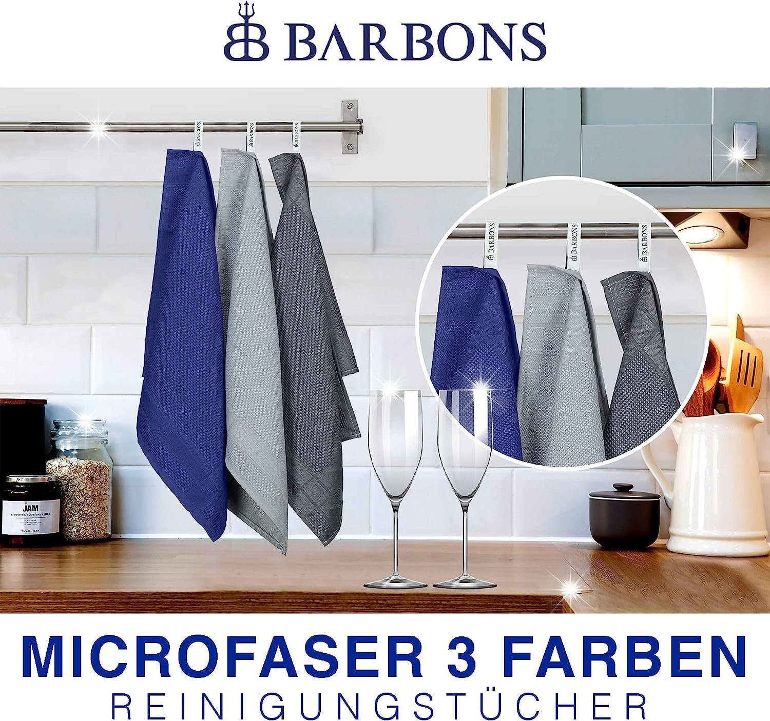 BARBONS Mikrofasertücher Geschirrtücher Allzwecktücher Fenstertücher Mikrofasertuch (100% Mikrofaser, 60x40 cm, 1 Packung, 3-tlg., Allzwecktücher, Streifenfrei, – Bild 4 von 5