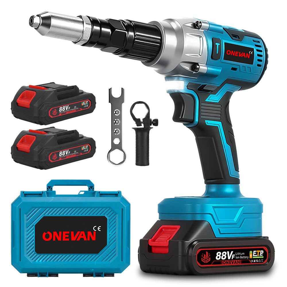 ONEVAN Blindnietzange Akku-Nietzange,Nietpistole Bürstenlose Automatischer Blindnietenzange, 20000N, mit 2x Akkus, für 2.4-5.0mm Blindnieten