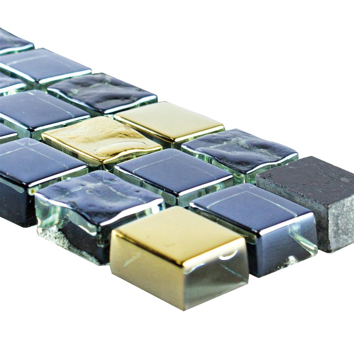 Mosafil Mosaikfliesen Glas Naturstein Fliesenbordüre Marco, Naturstein-Glas-Marmor 30.000x4.800, schwarz-gold, Verlegefertig auf ein Netz geklebt