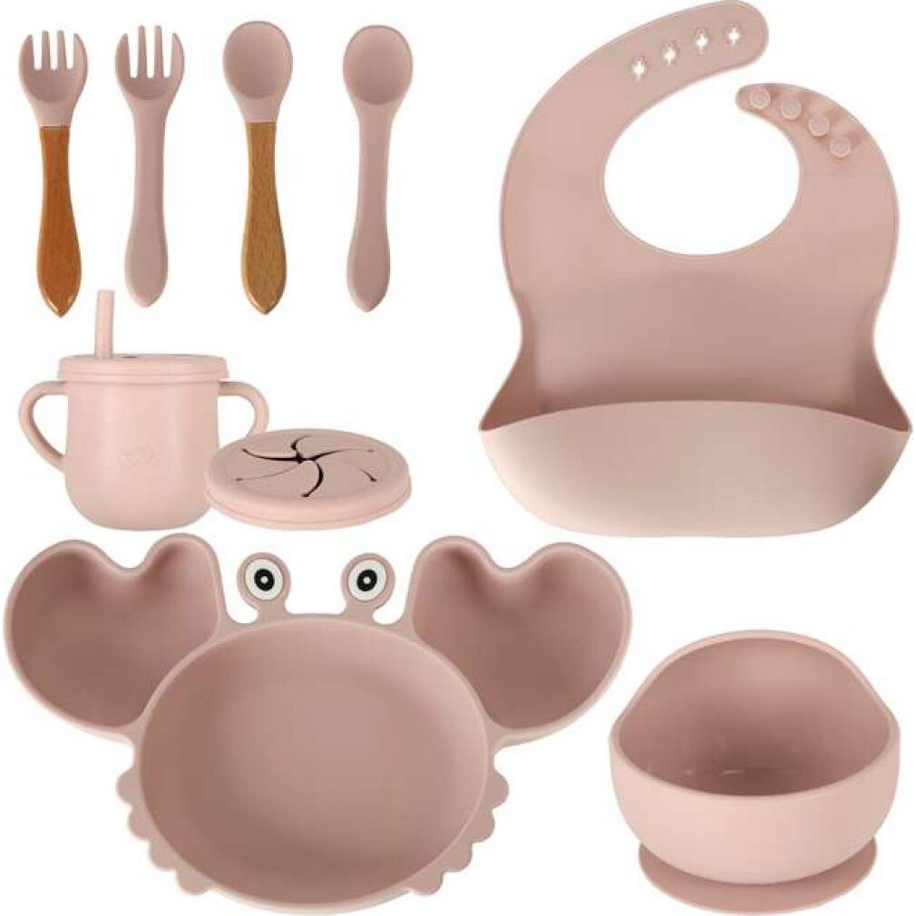 Kindergeschirr-Set Silikongeschirr für Kinder Krabbe 9 Stück - rosa