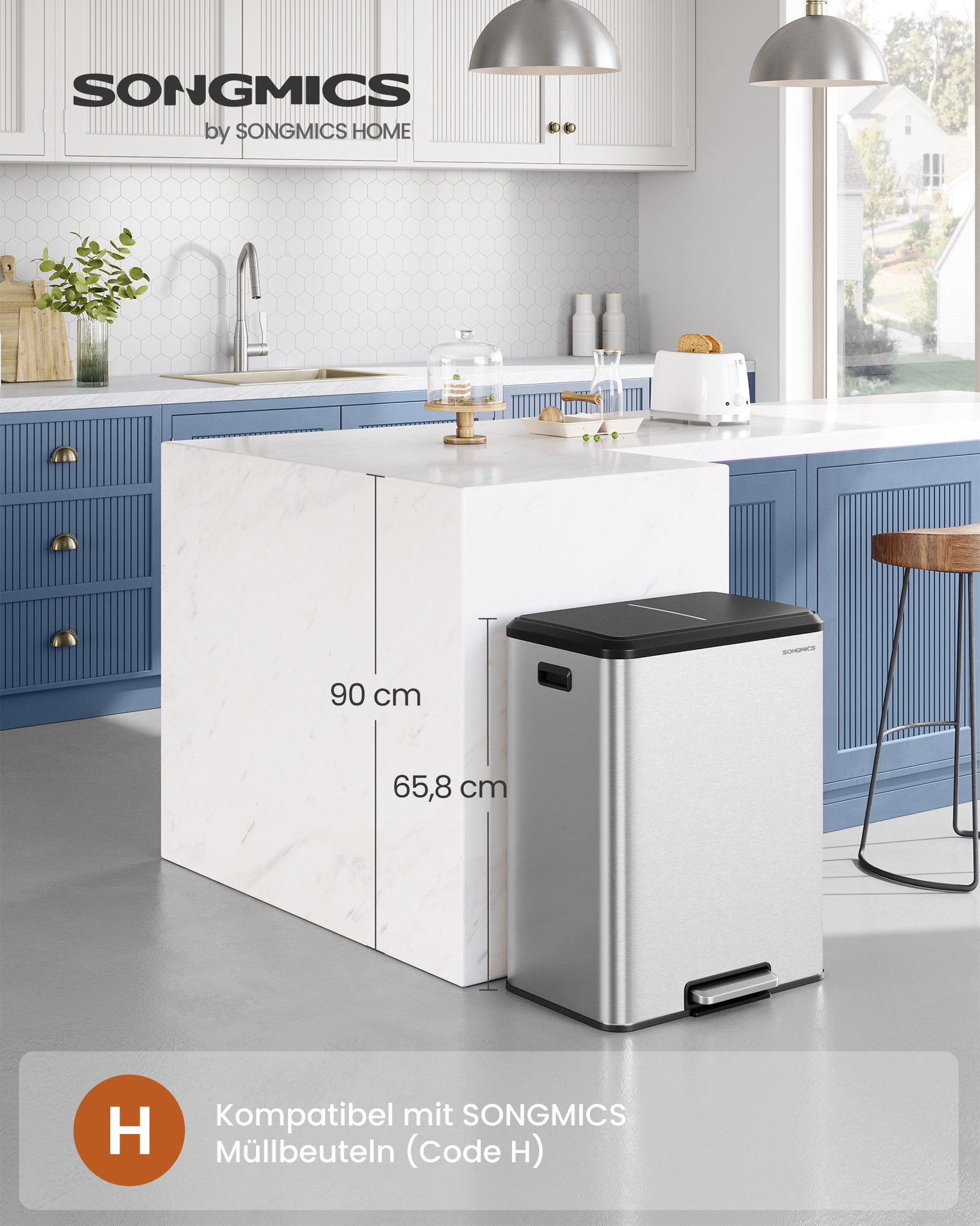 SONGMICS Mülleimer Küche, Mülltrennsystem, 2 x 30 L, 2 Fächer, Abfalleimer, Inneneimer, Stahl/Edelstahl